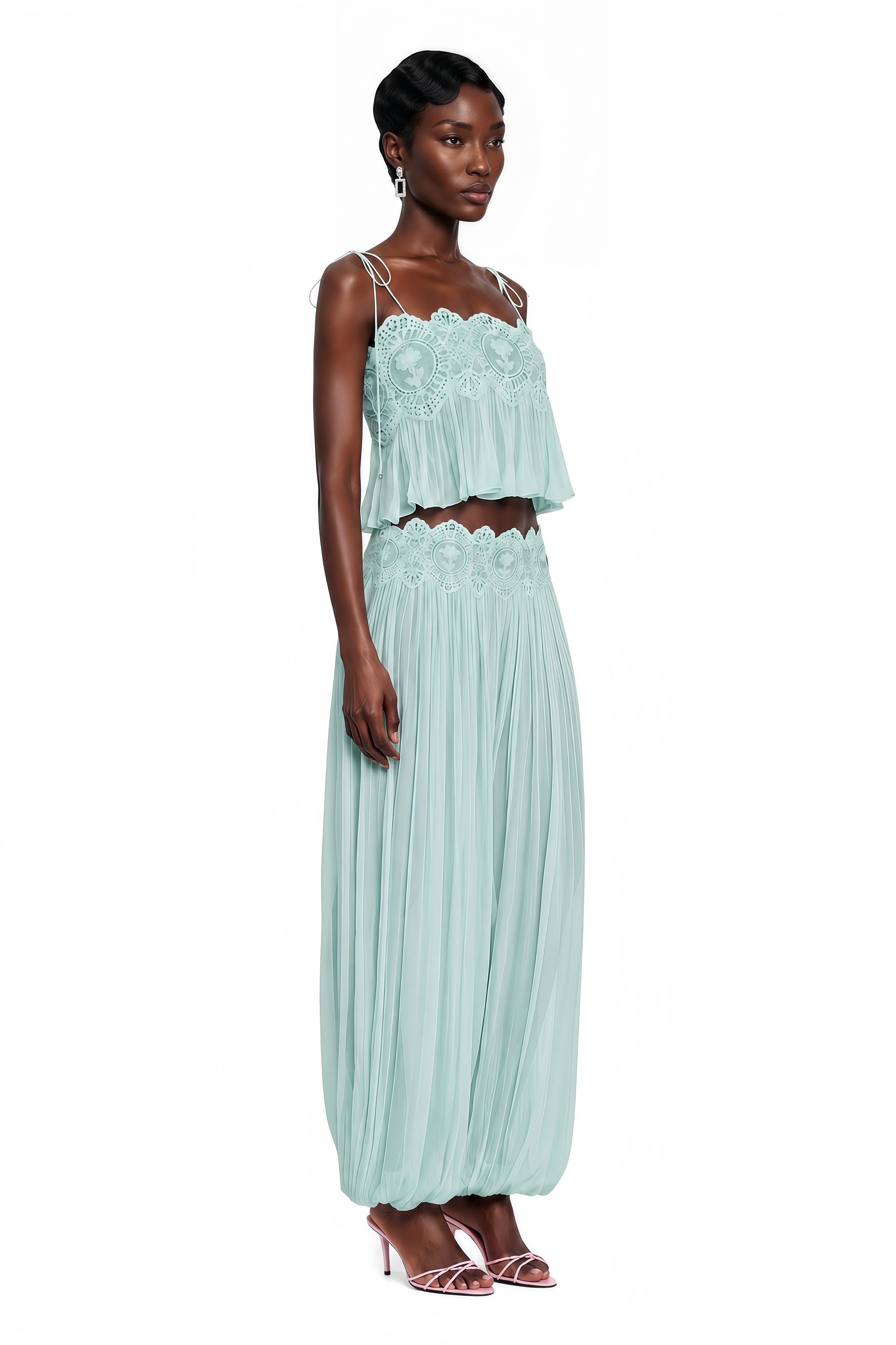 Kamila Mint Green Lace Trim Ruched Top & Trouser Set