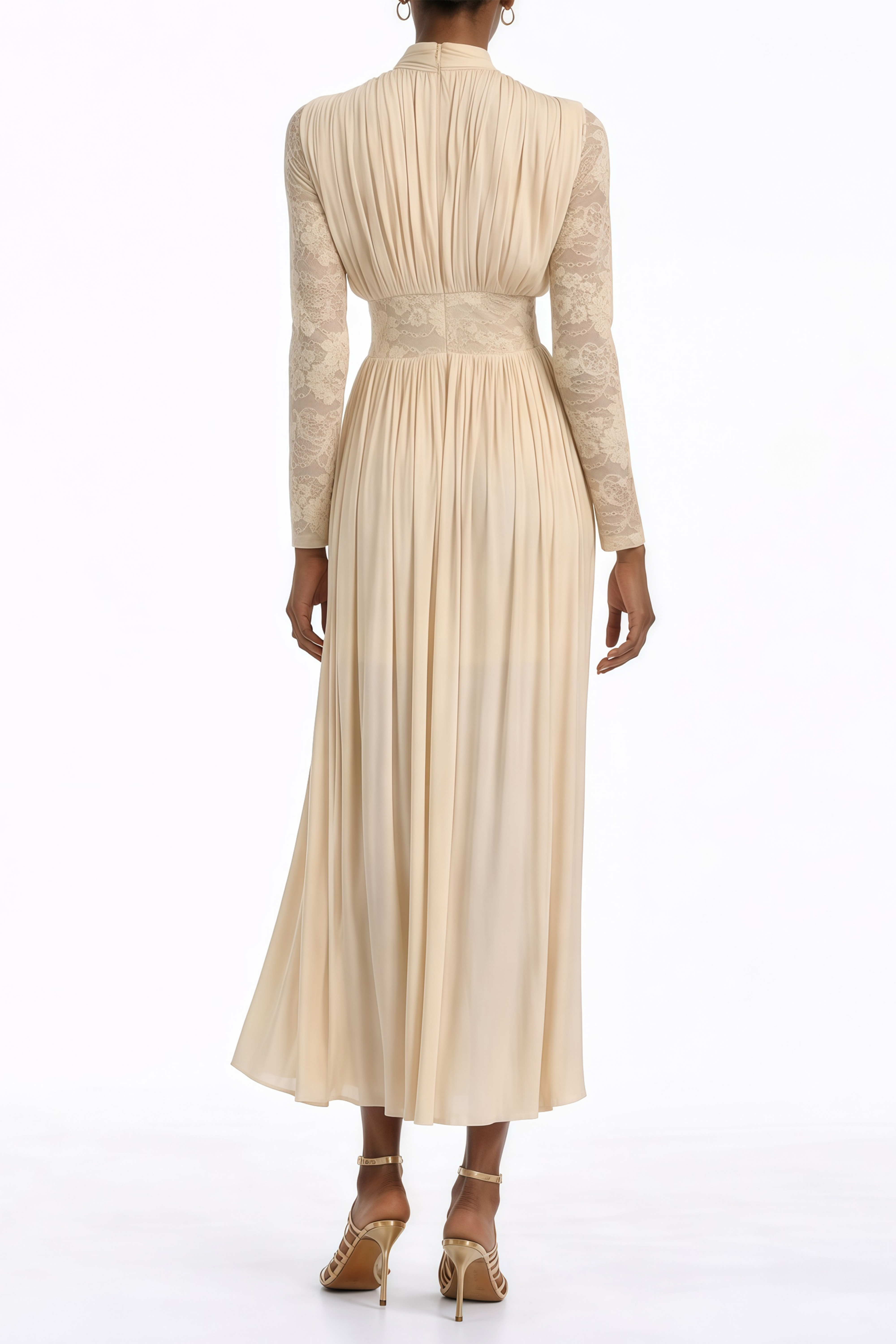 Karine Neutral Lace Panel Ruched Maxi Dress