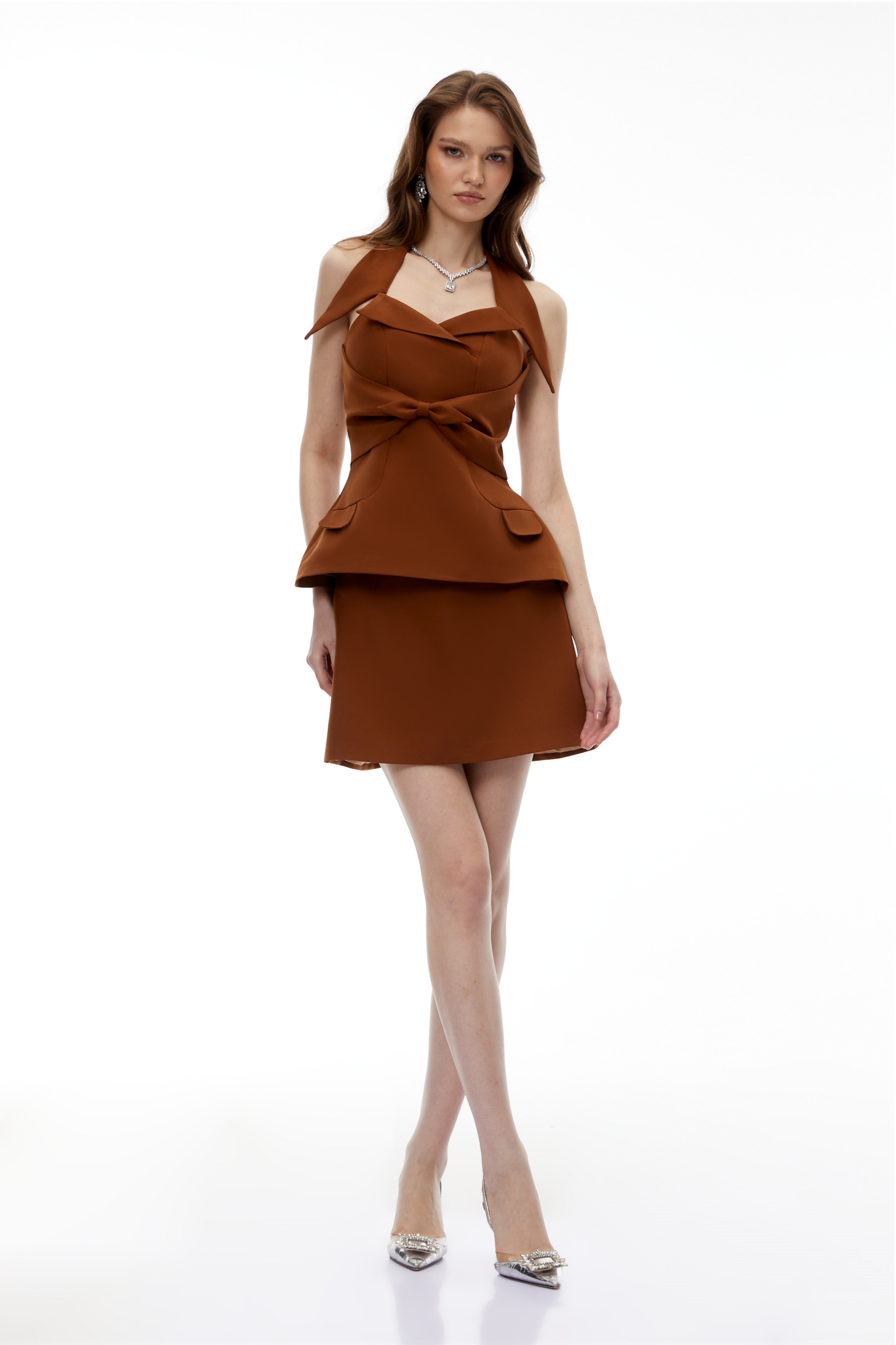 Katayoun Brown Halterneck Top & Skirt Set