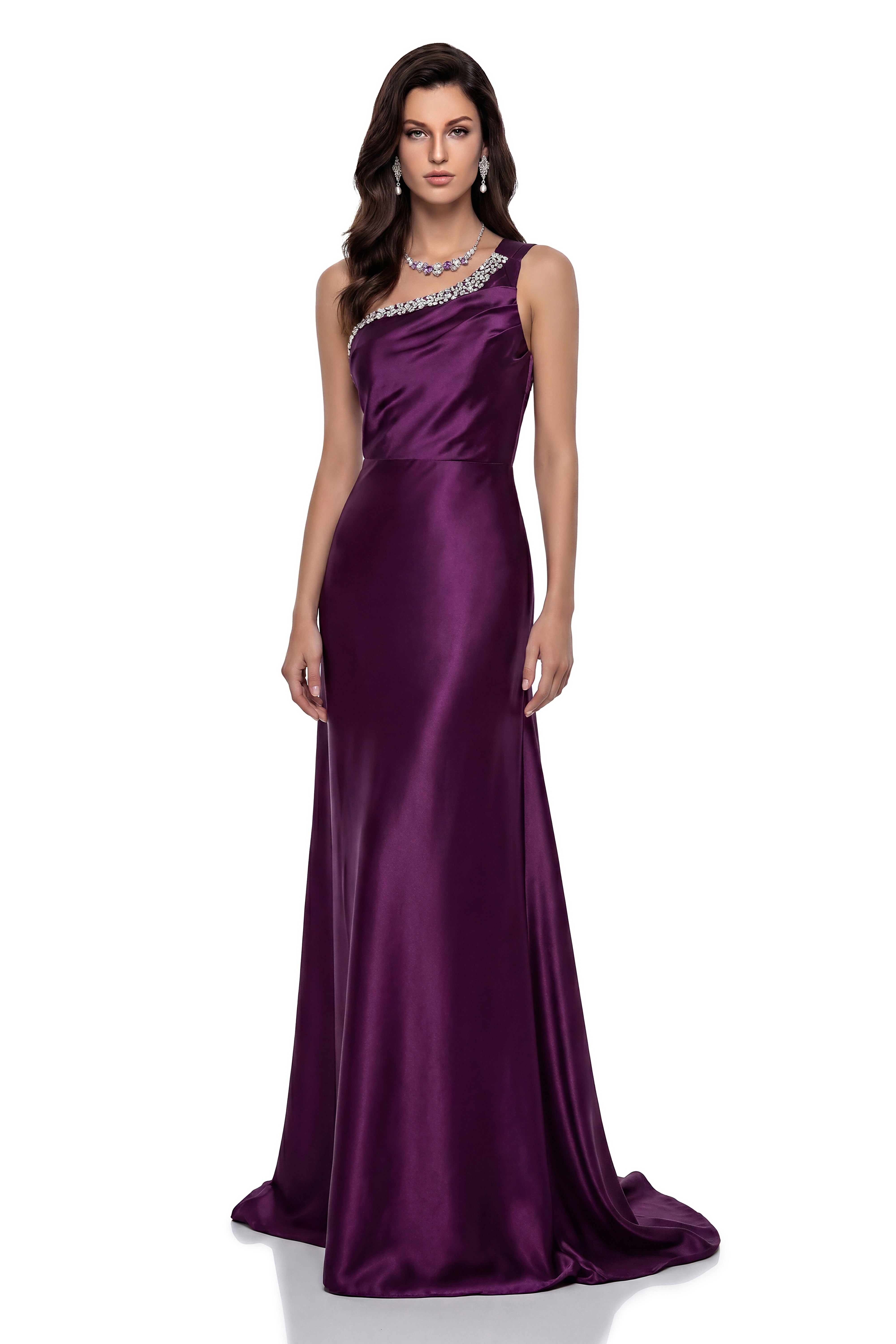 Katayoun Purple Embellished One Shoulder Satin Maxi Dress