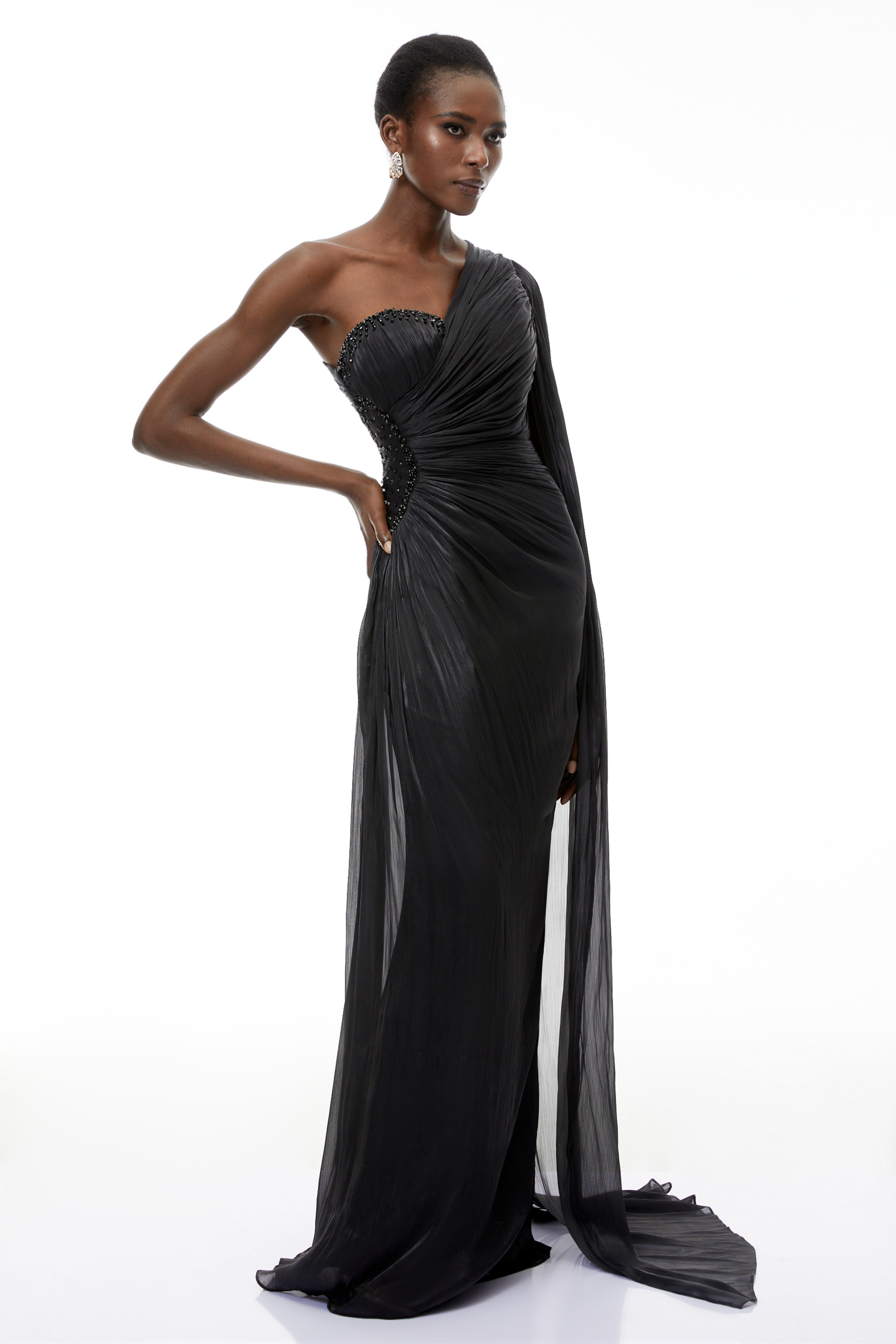 Katrin Black One Shoulder Ruched Maxi Dress