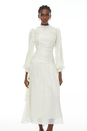 Katrín White Glossy Gathered Maxi Dress