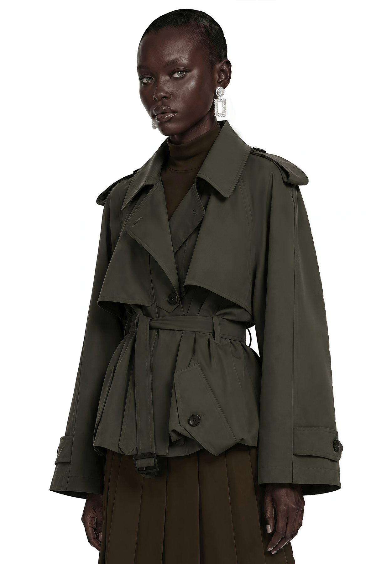 kehlani olive green ruffle belted trench coat