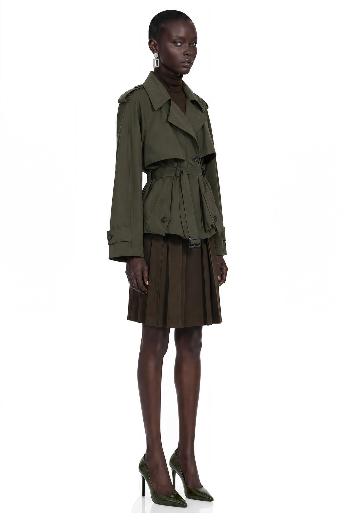 kehlani olive green ruffle belted trench coat