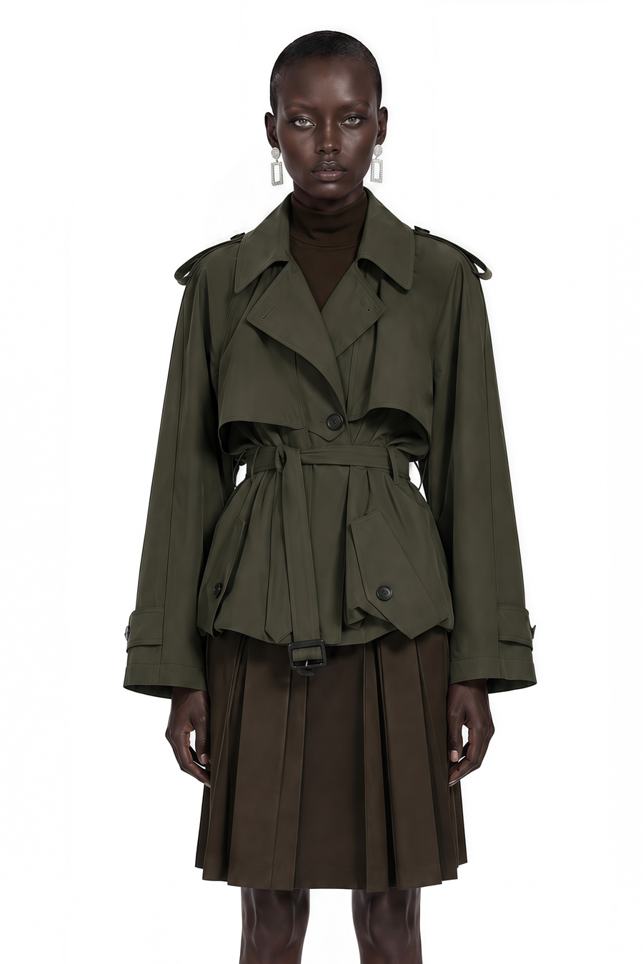 kehlani olive green ruffle belted trench coat