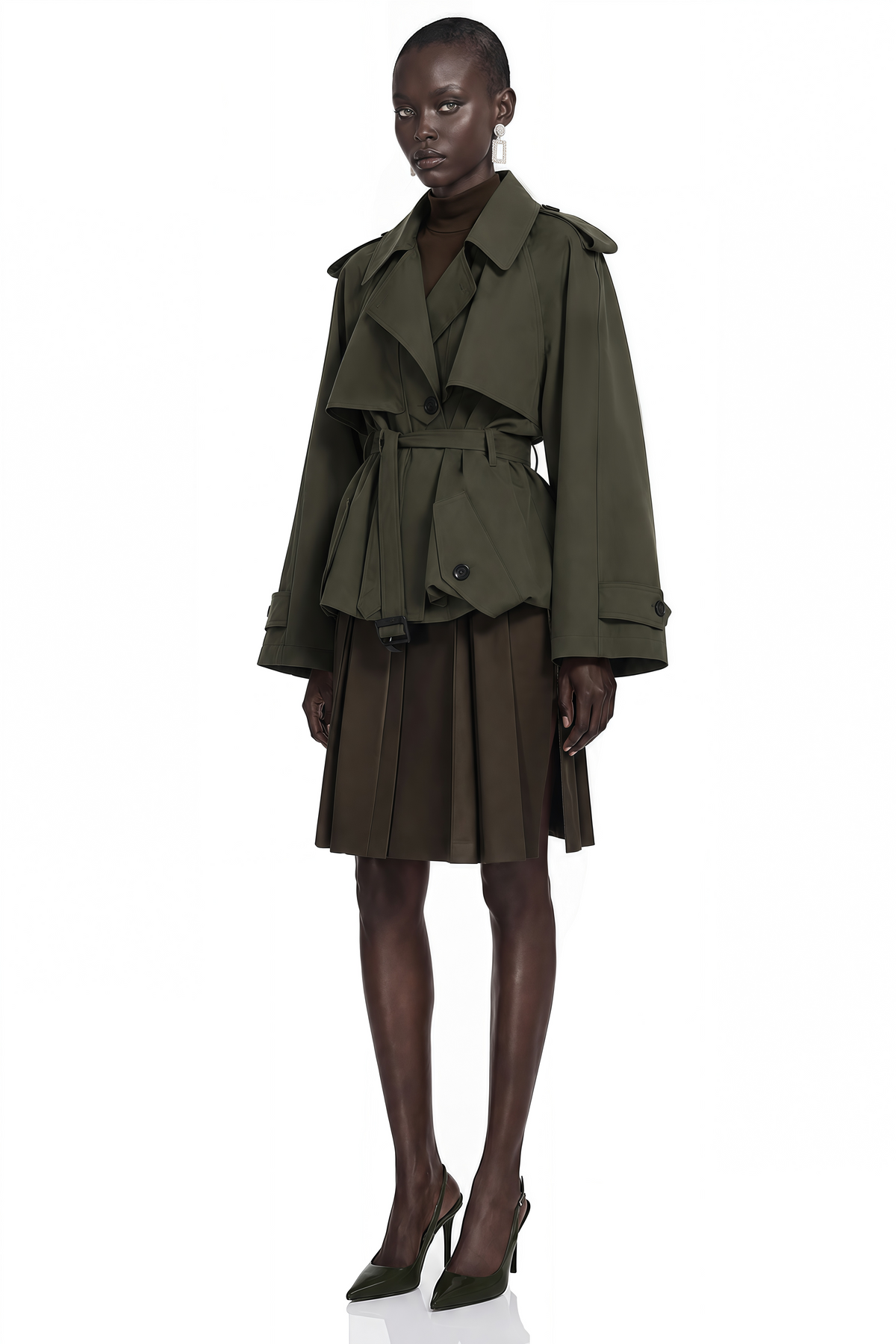 kehlani olive green ruffle belted trench coat