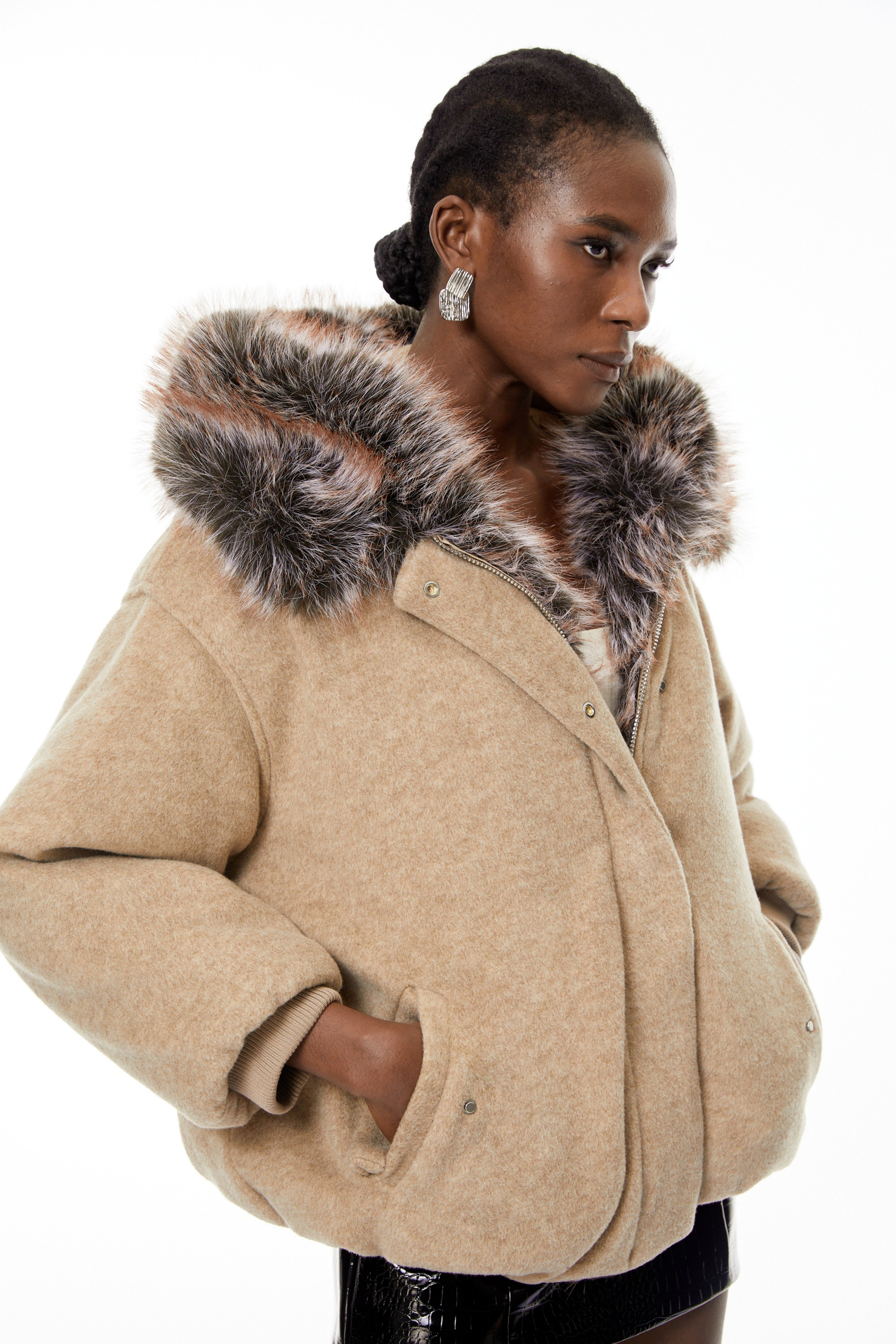 Kehlani Neutral Faux-Fur Trim Coat (Final Sale-US Only)
