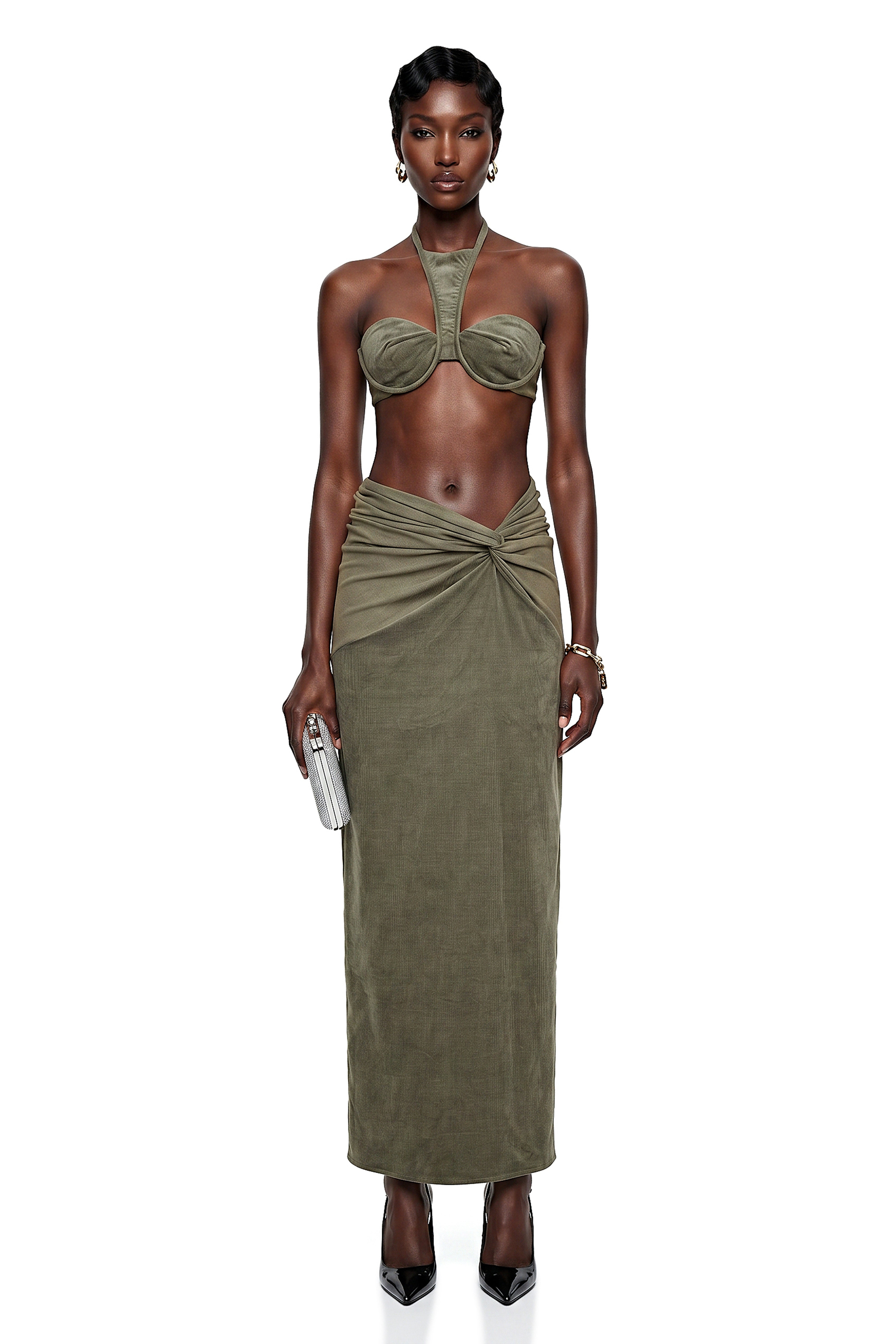 Kerenza Olive Green Corduroy Twist Front Top & Skirt Set