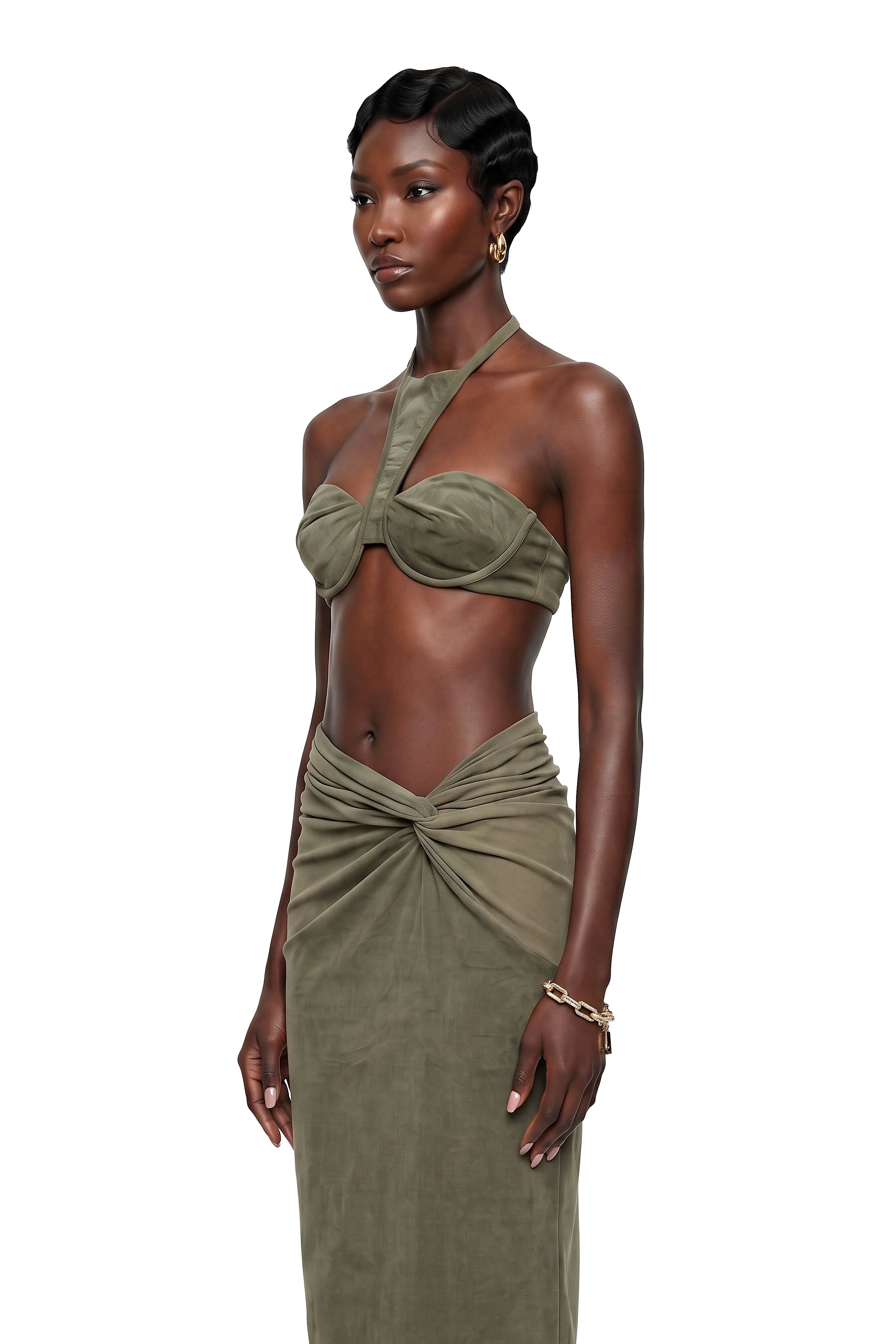 Kerenza Olive Green Corduroy Twist Front Top & Skirt Set