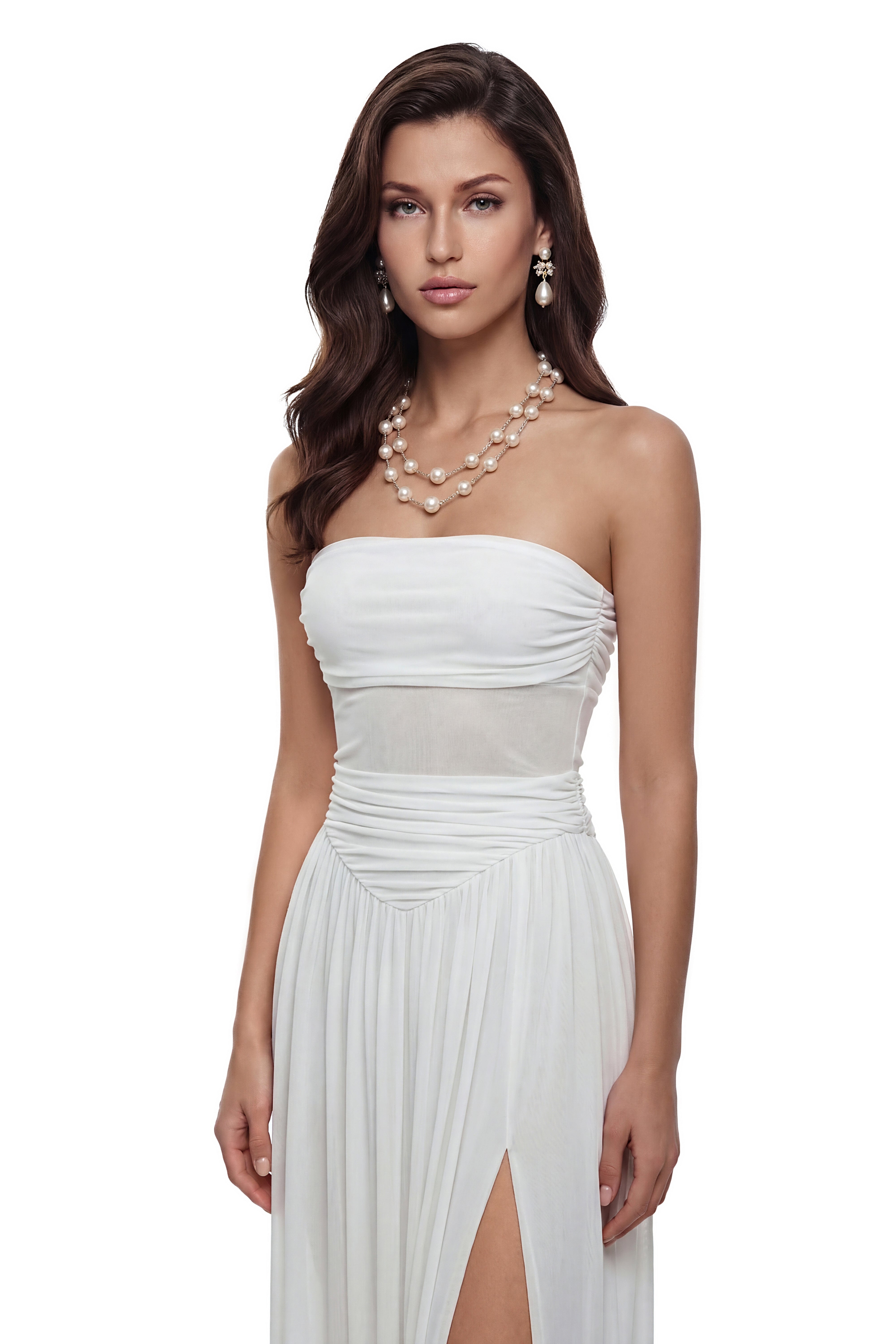 Kiia White Off Shoulder Ruched Midi Dress