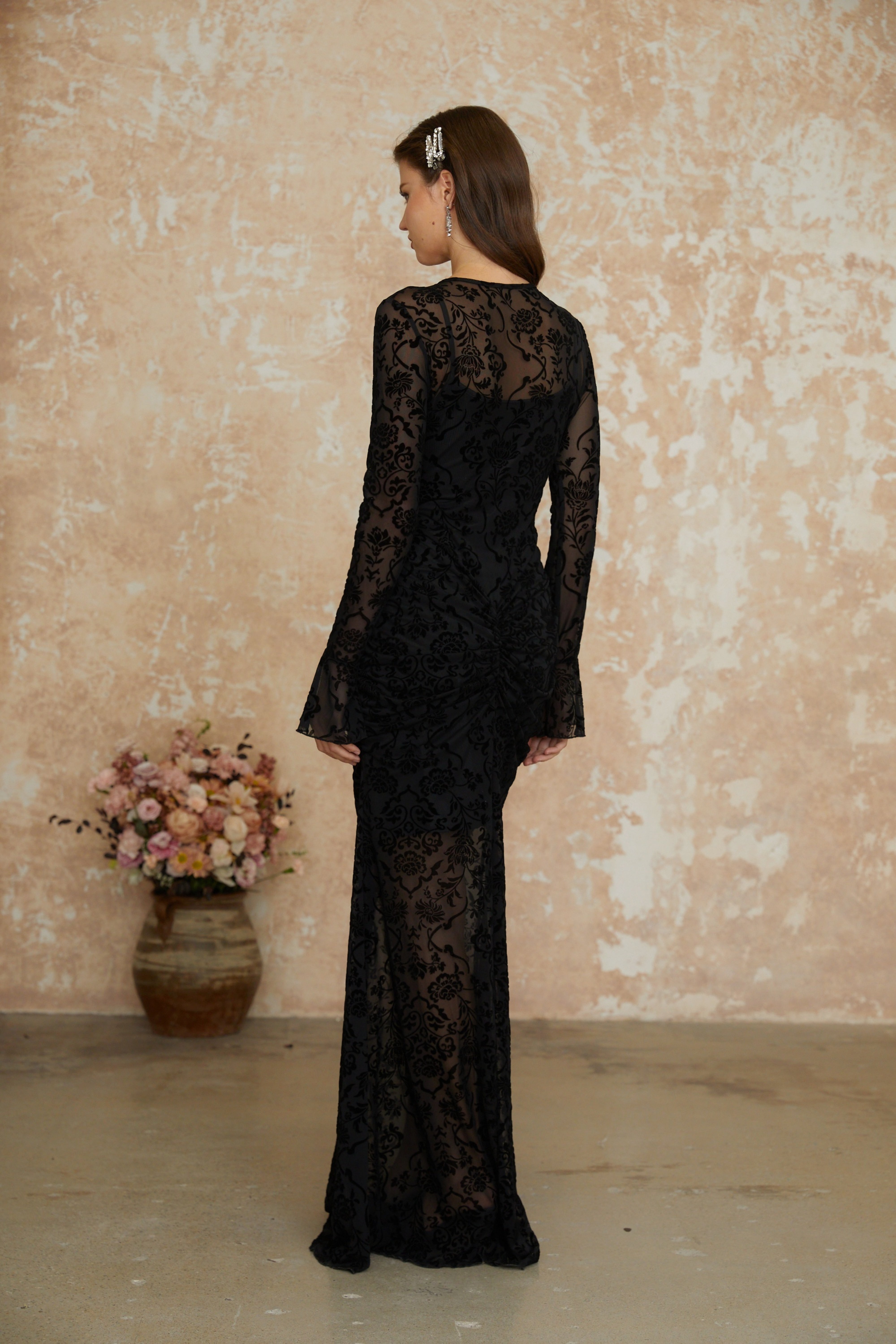 Kismet Black Flocked Floral Ruched Maxi Dress (Final Sale-US Only)