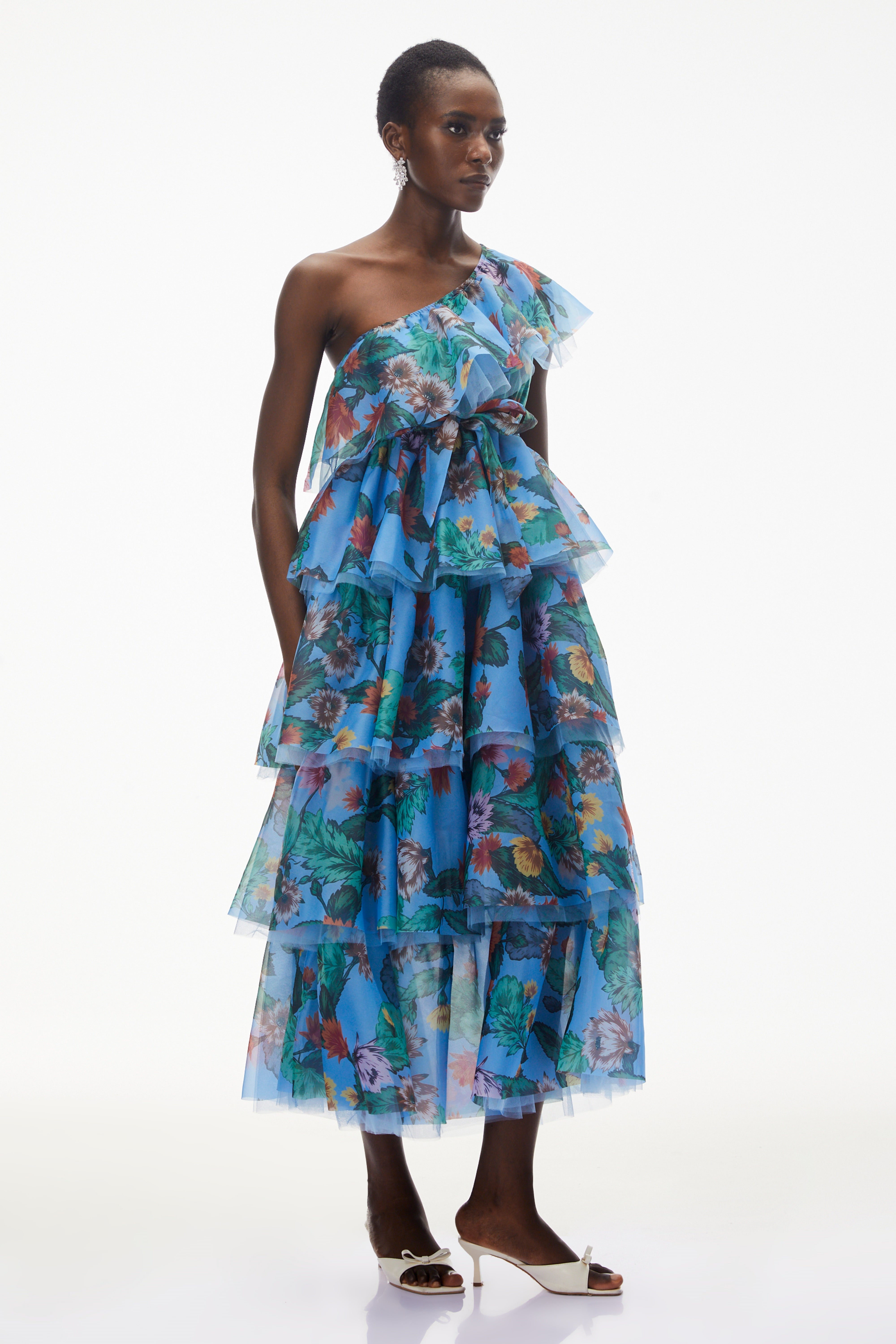 Kulthum Blue One Shoulder Floral Print Maxi Dress
