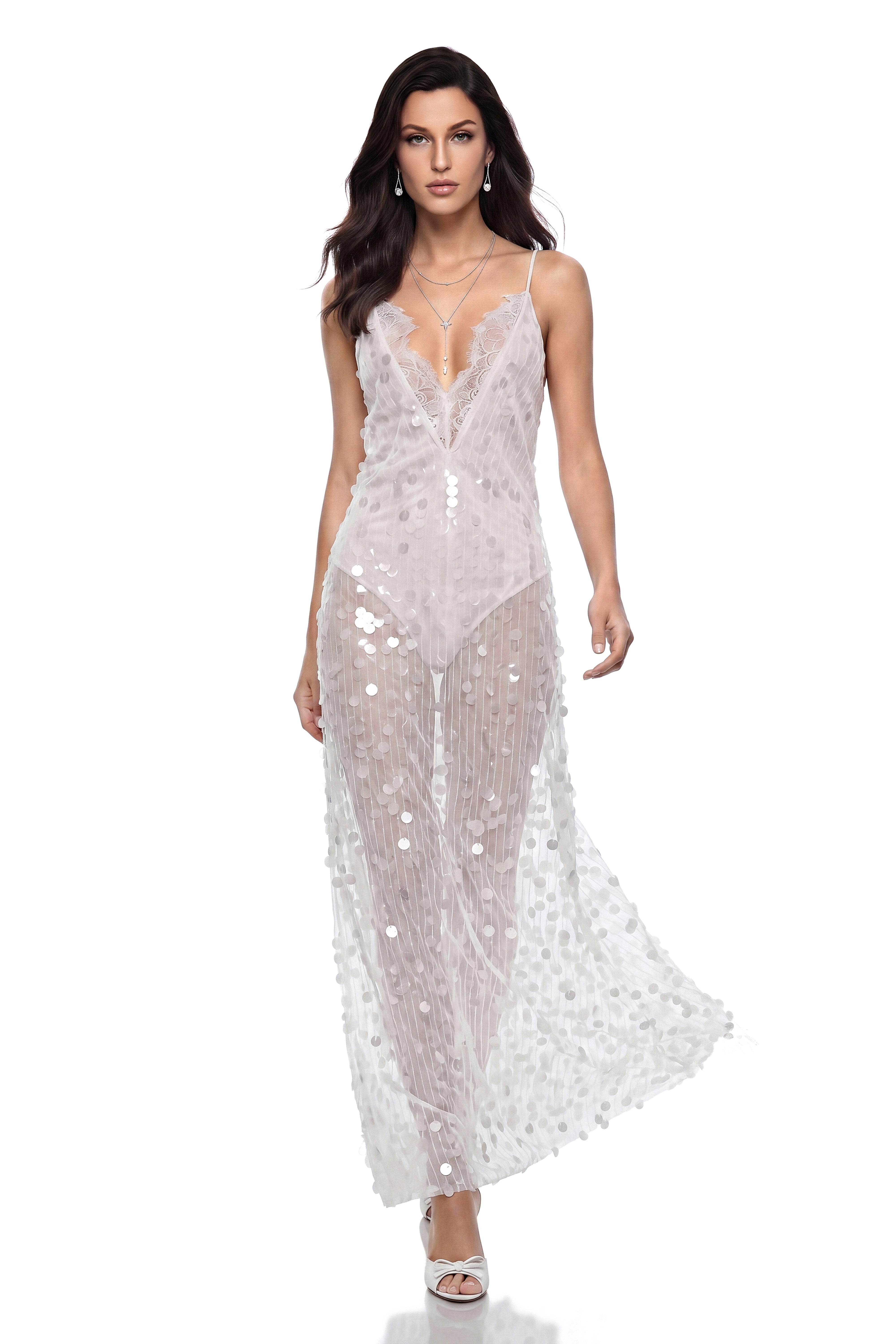 Kulthum White Semi-Sheer Sequin Maxi Dress