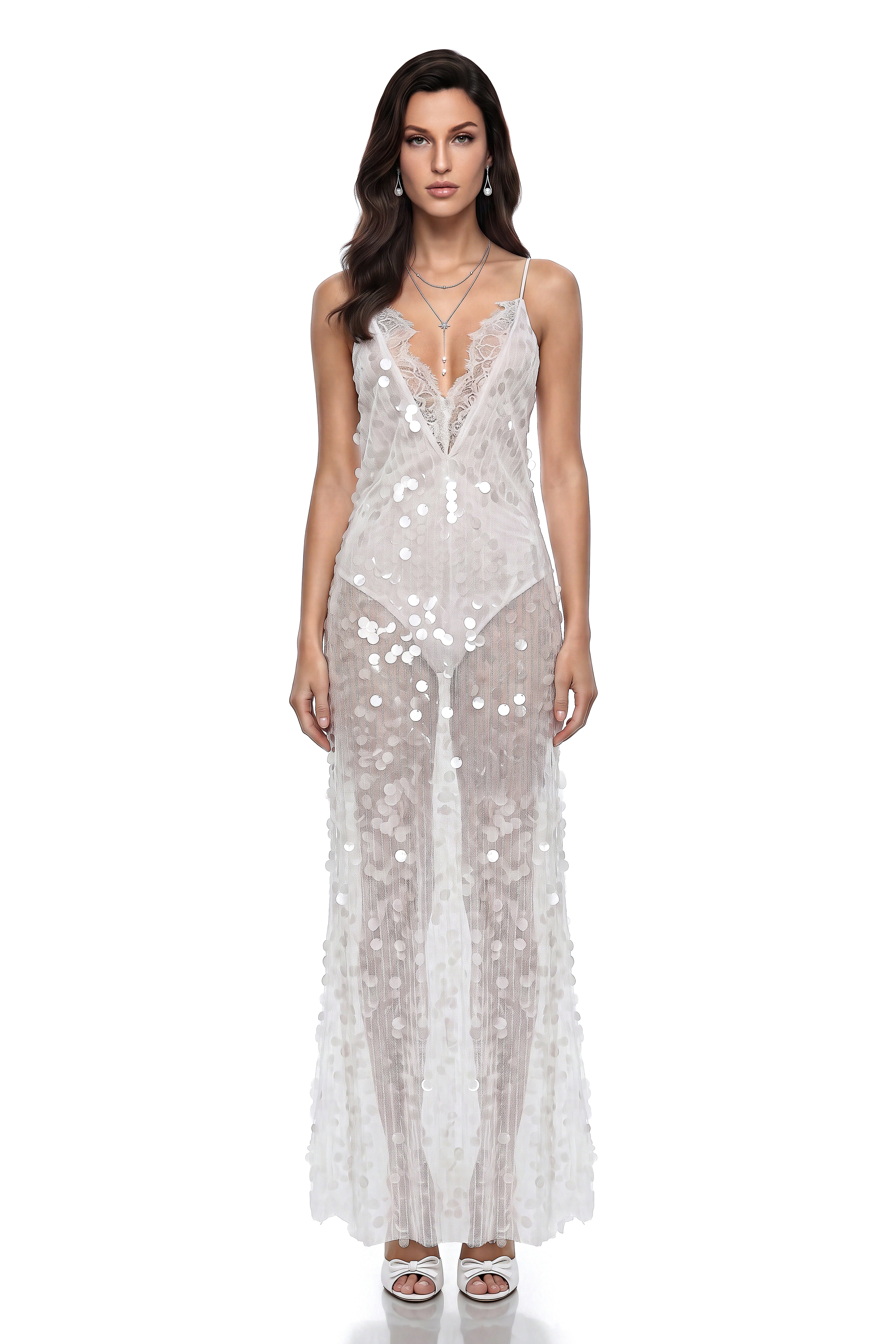 Kulthum White Semi-Sheer Sequin Maxi Dress