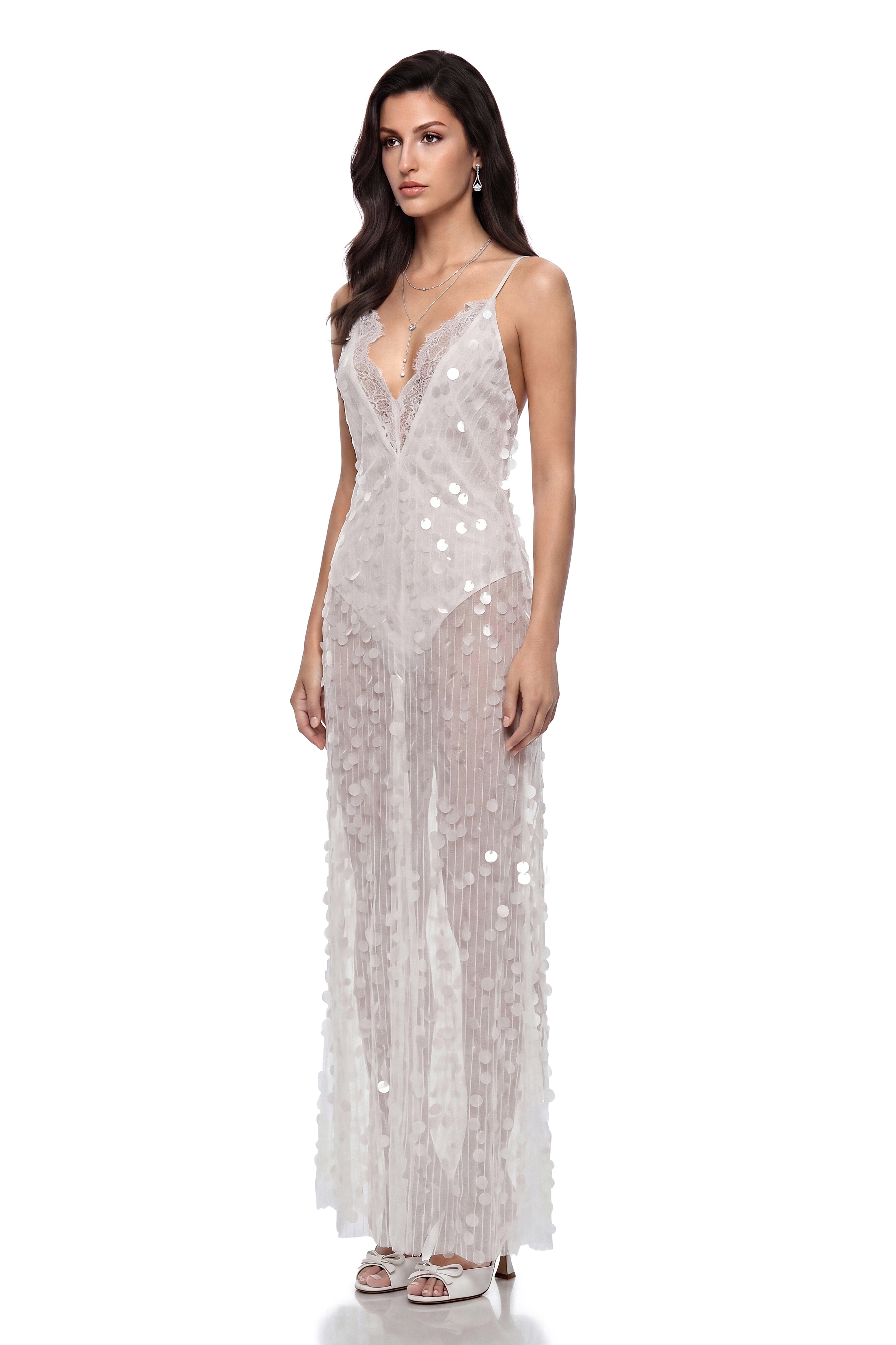 Kulthum White Semi-Sheer Sequin Maxi Dress
