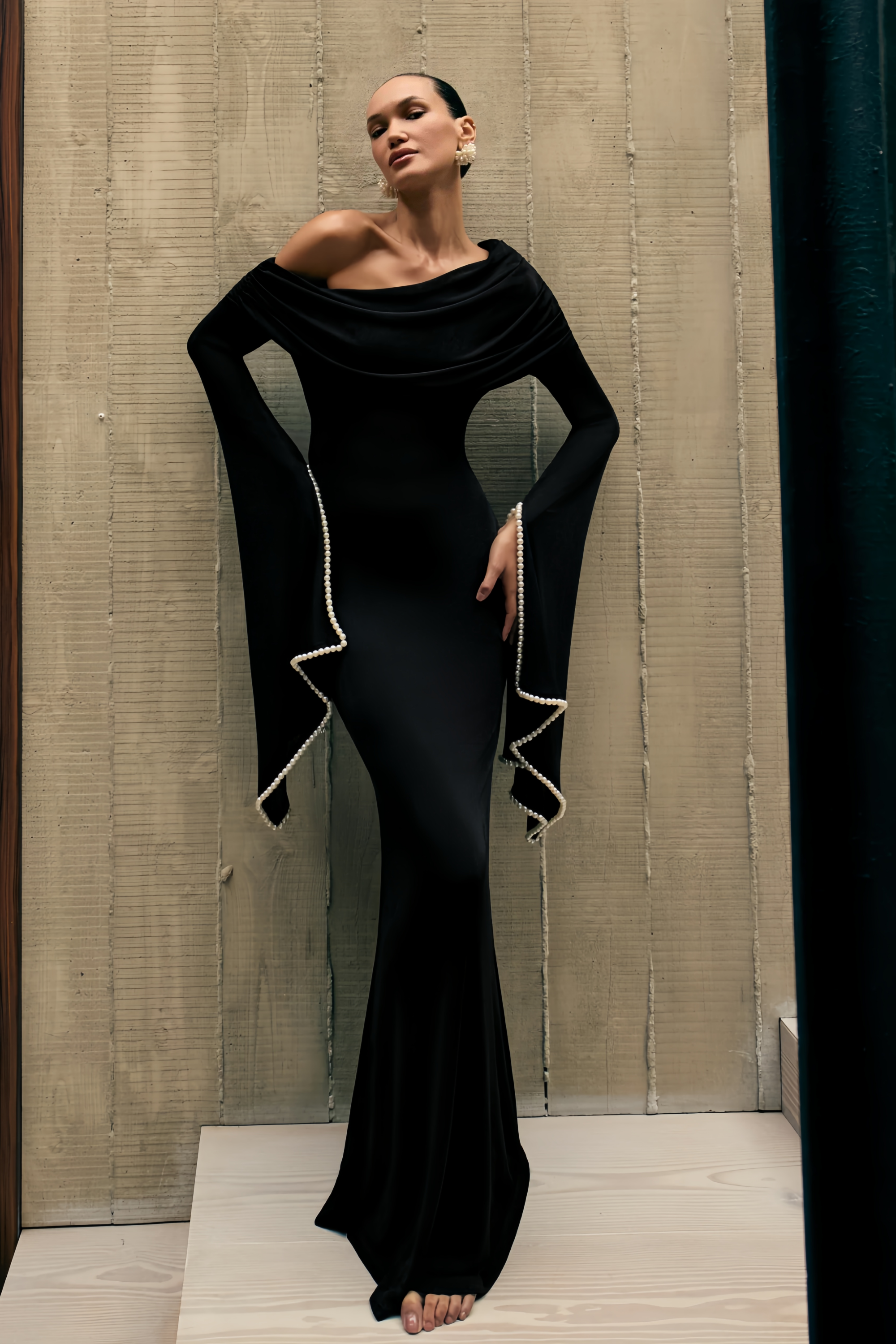 Simona Black One Shoulder Pearl Trim Maxi Gown (Final Sale)