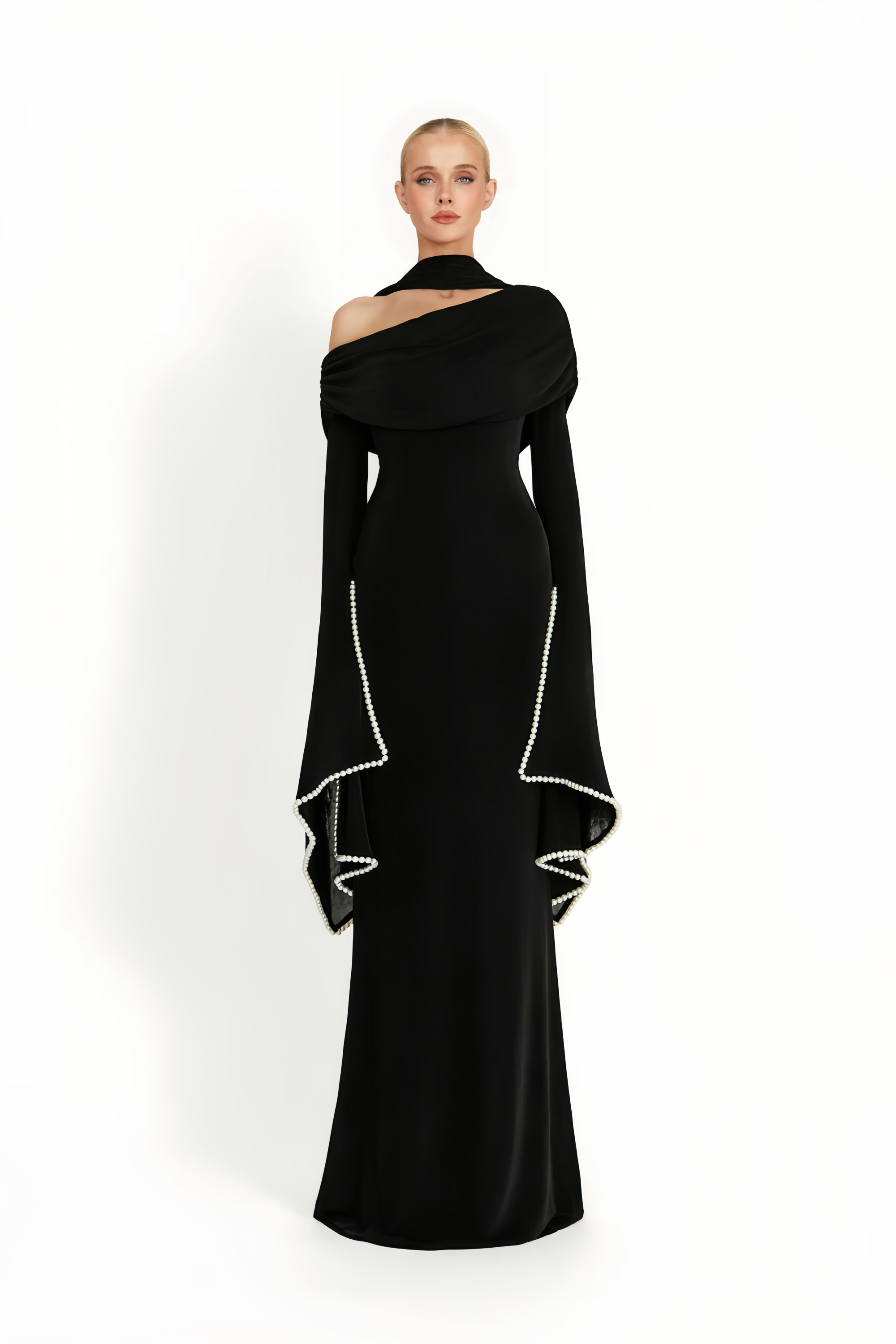 Simona Black One Shoulder Pearl Trim Maxi Gown