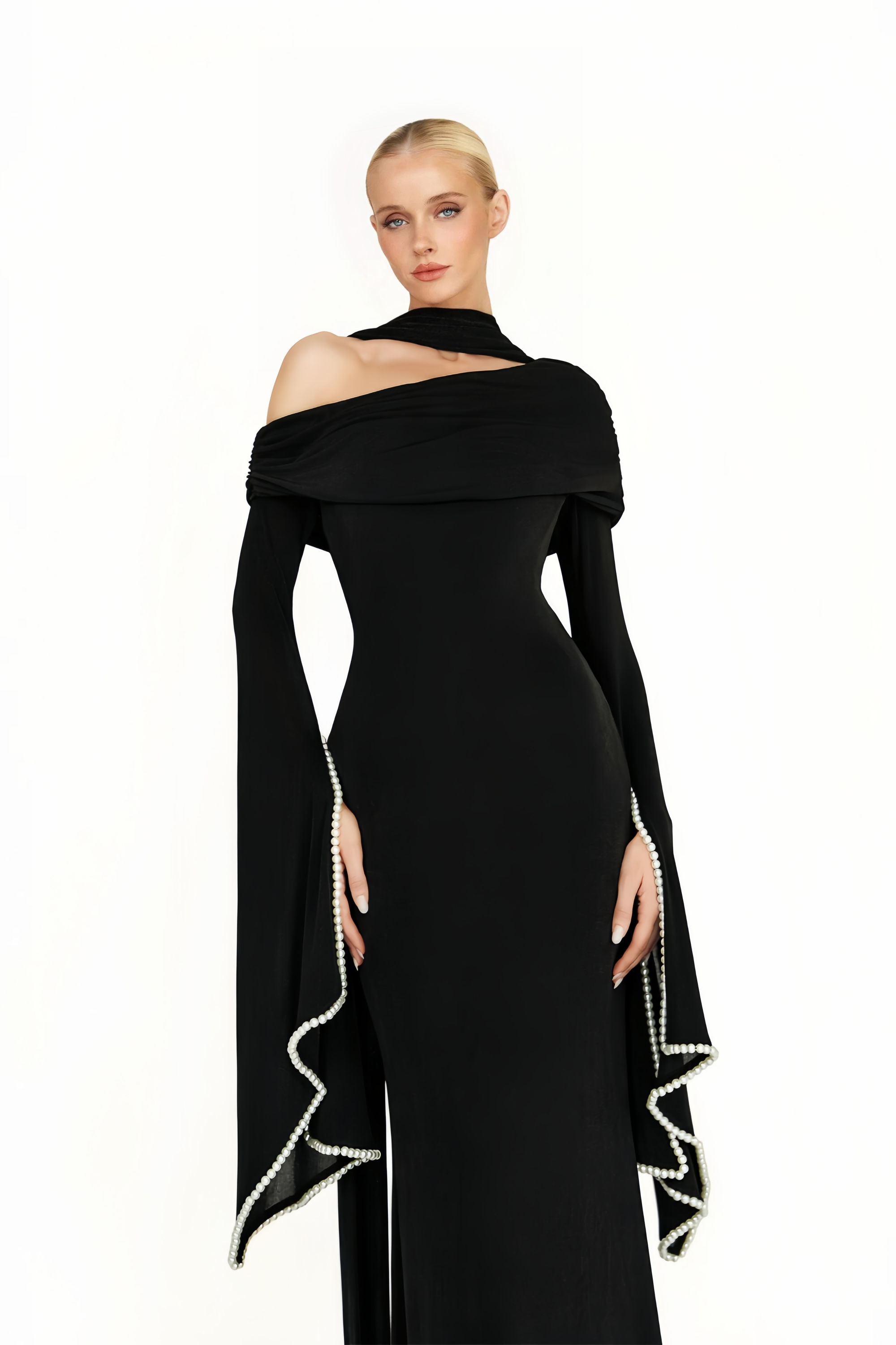 Simona Black One Shoulder Pearl Trim Maxi Gown