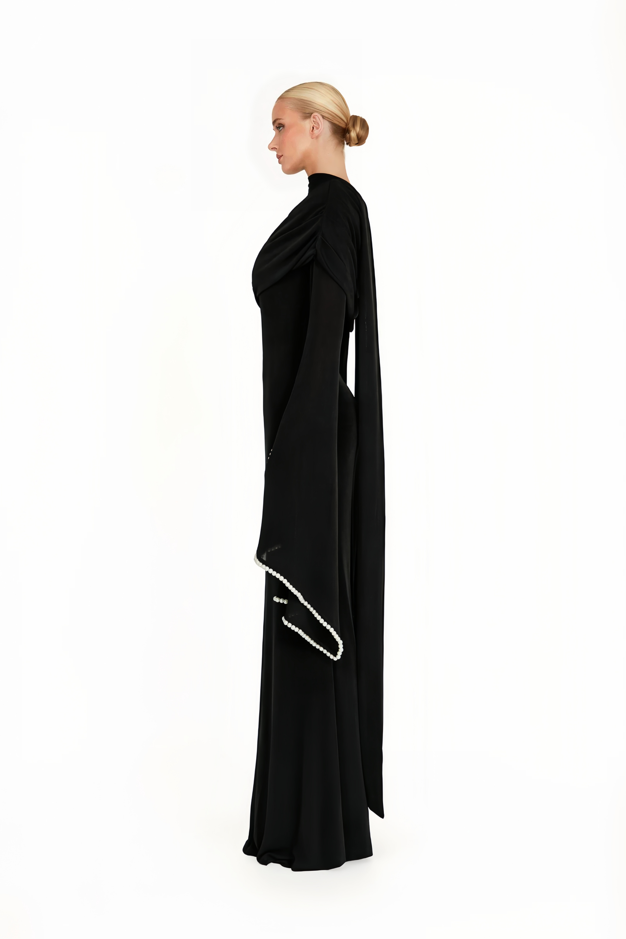 Simona Black One Shoulder Pearl Trim Maxi Gown