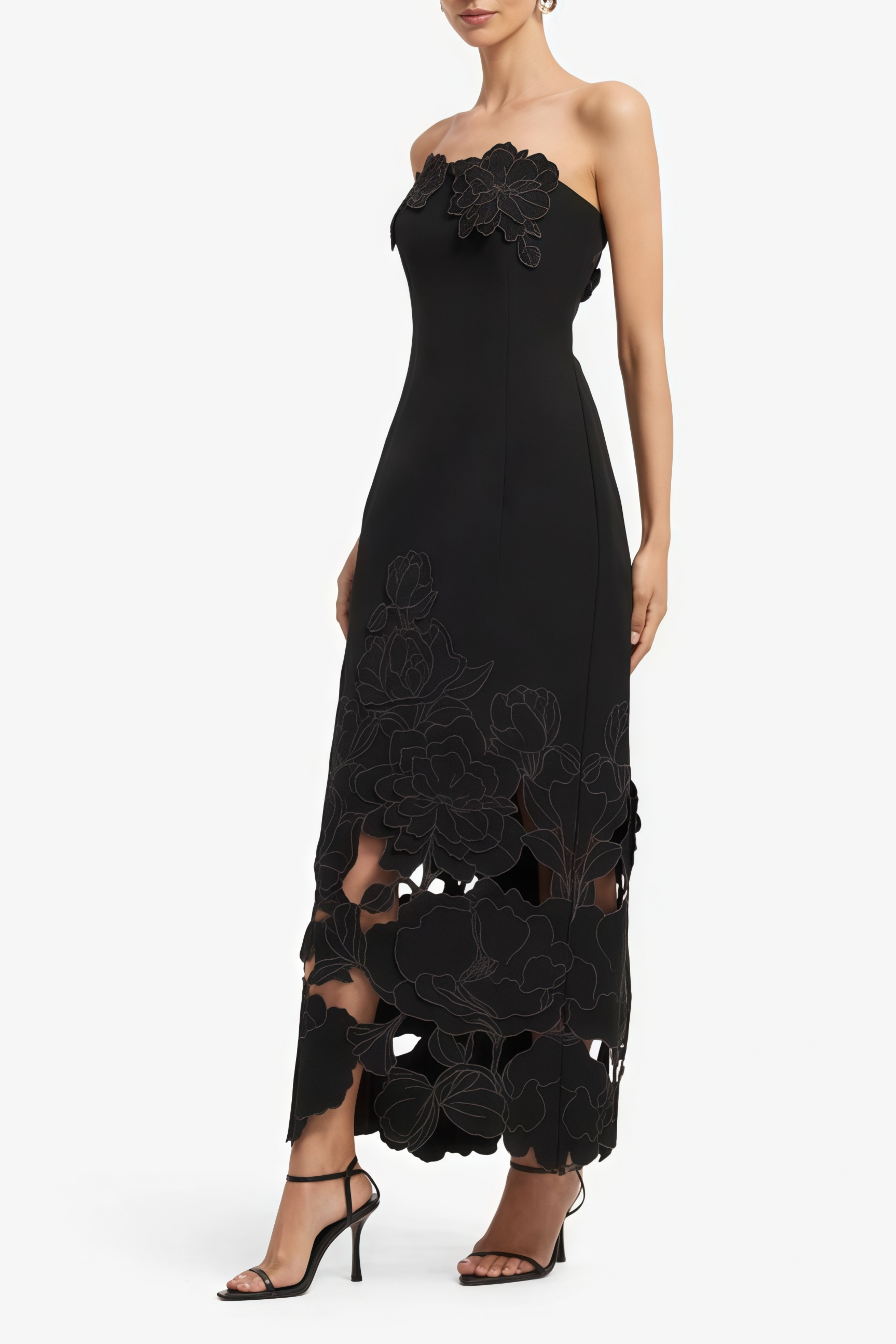 Inga Black Strapless Floral Embroidered Maxi Dress