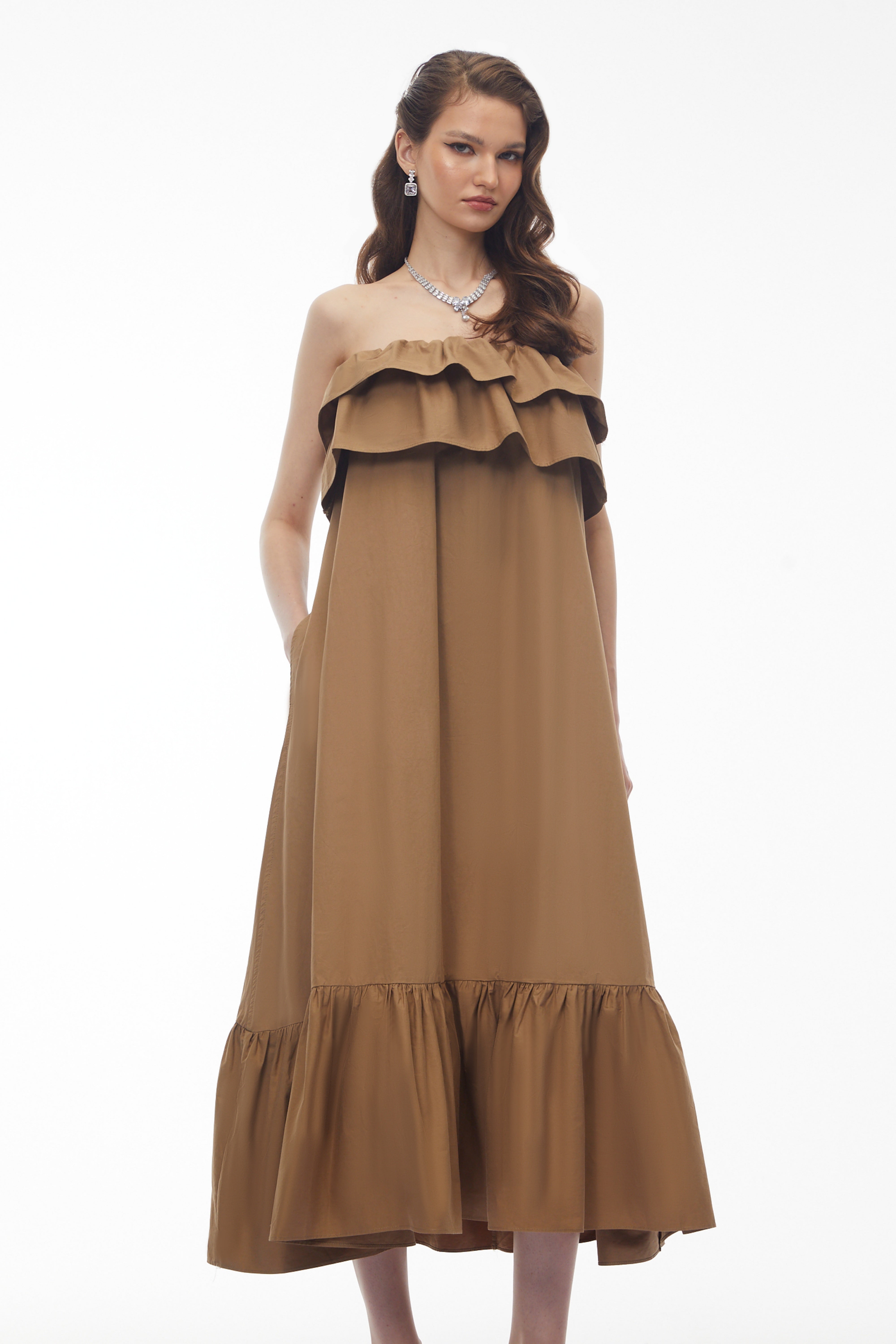 Laelia Camel Tiered Ruffled Midi Dress (Final Sale)