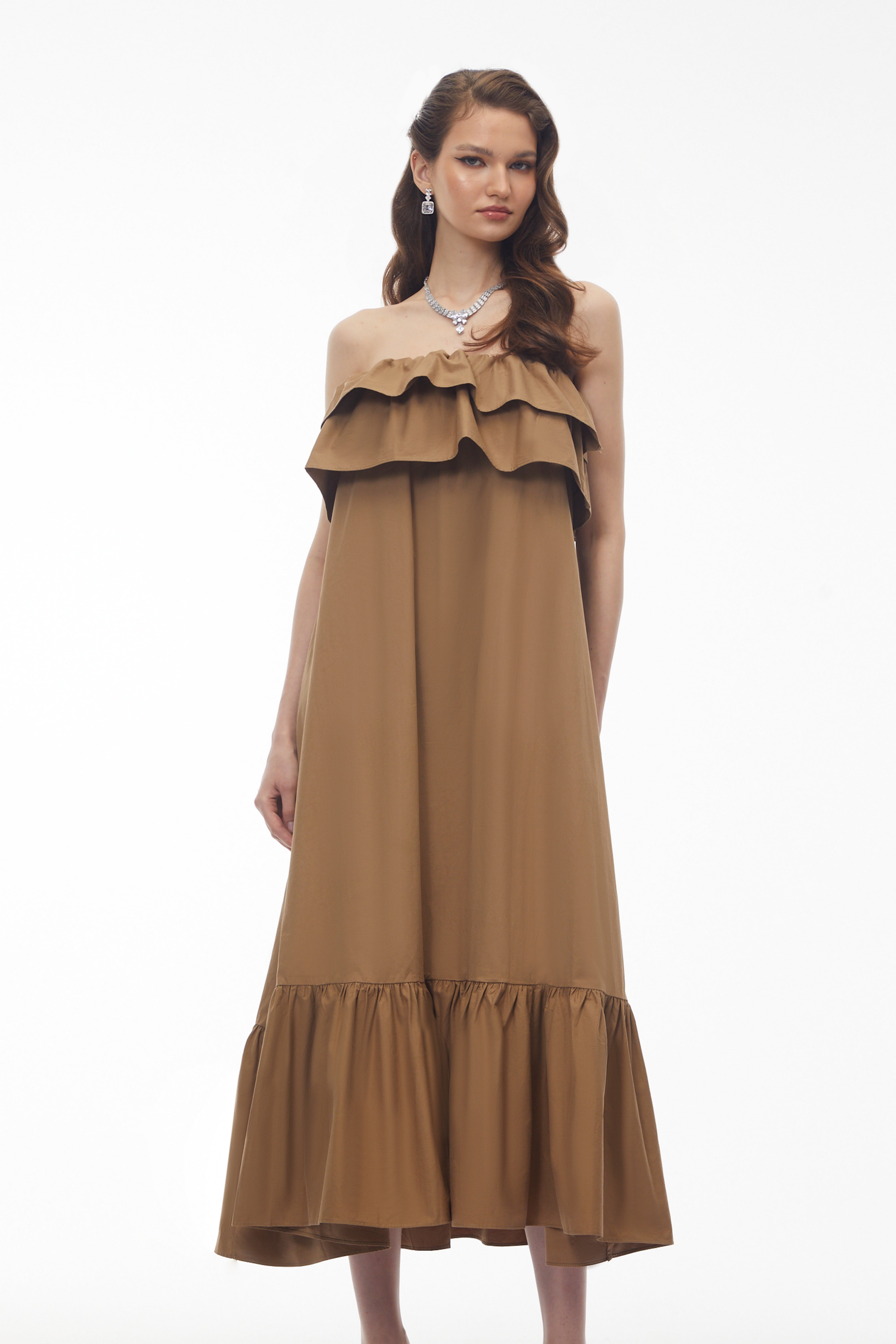 Laelia Camel Tiered Ruffled Midi Dress (Final Sale)