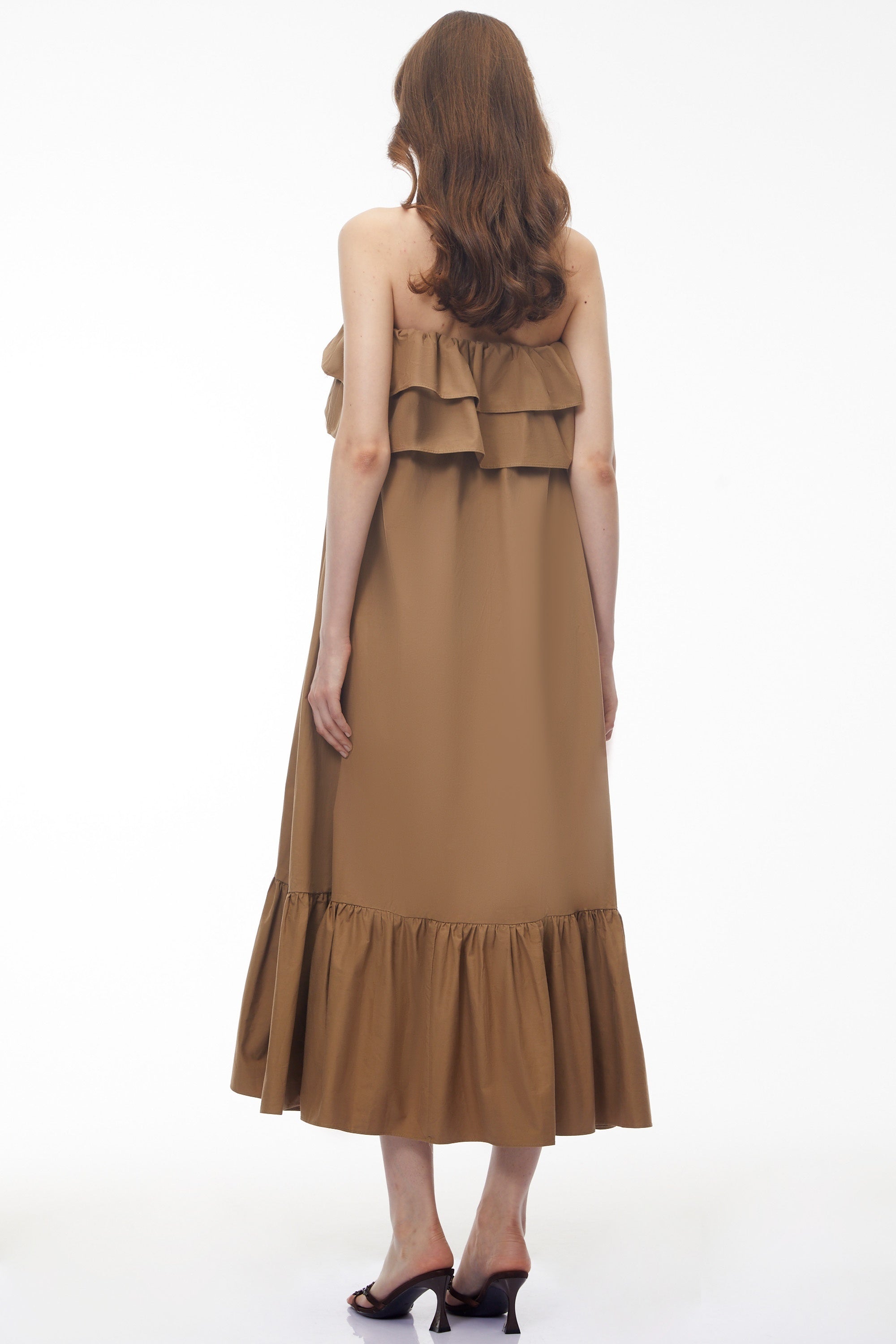 Laelia Camel Tiered Ruffled Midi Dress