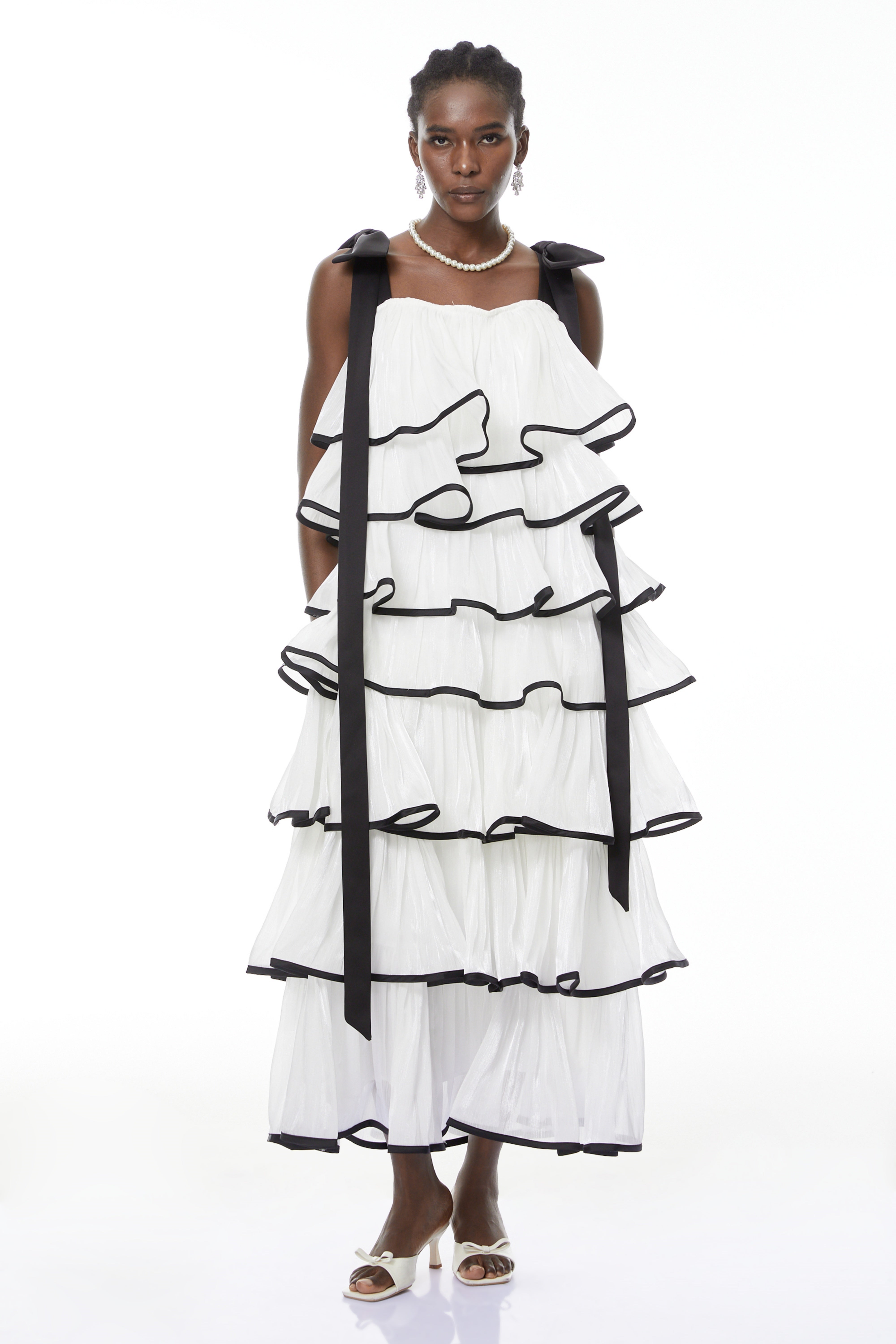 Larissa White Ruffled Maxi Dress with Bows (Final Sale-US Only)