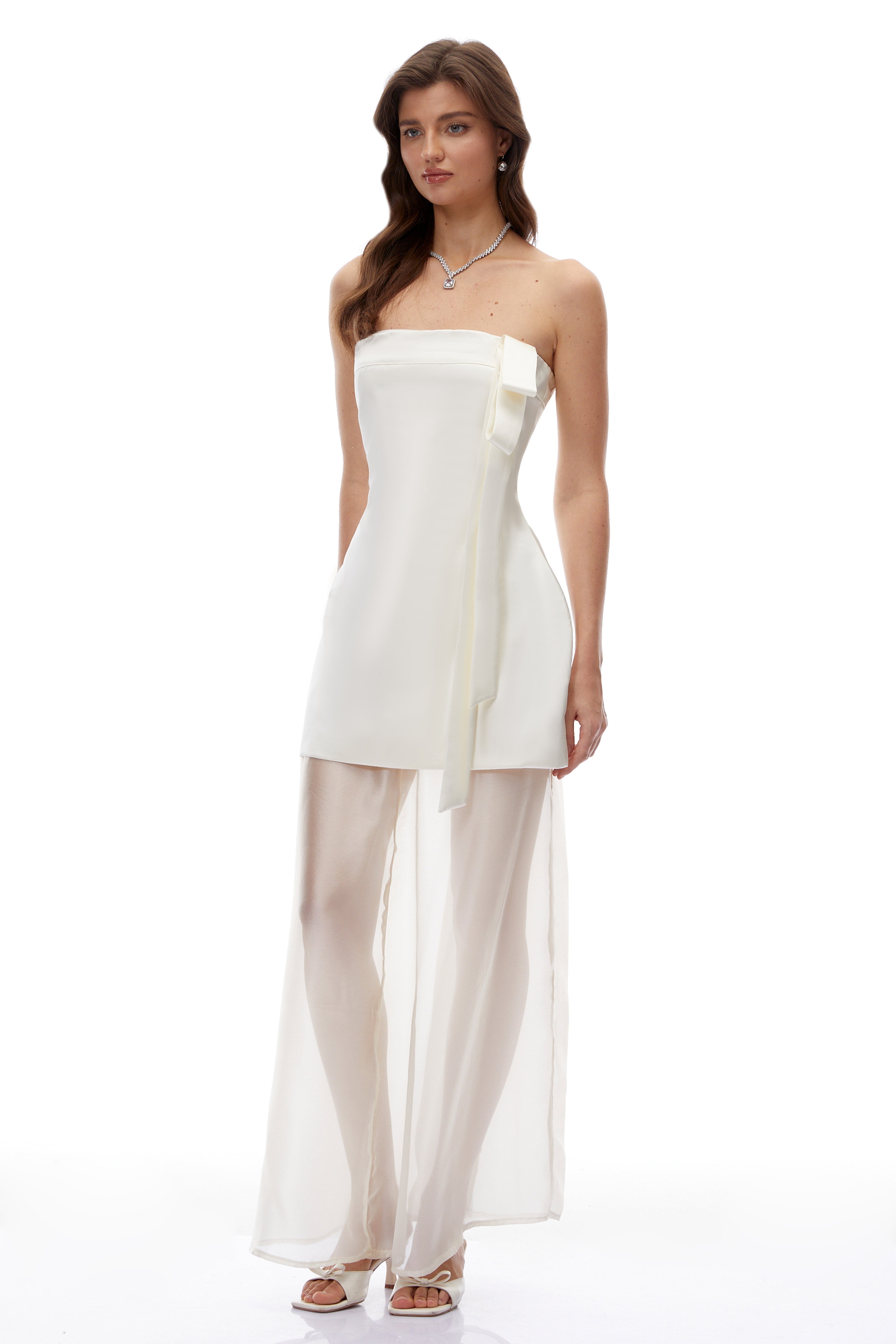 Lark White Off Shoulder Semi-Sheer Maxi Dress with Bow