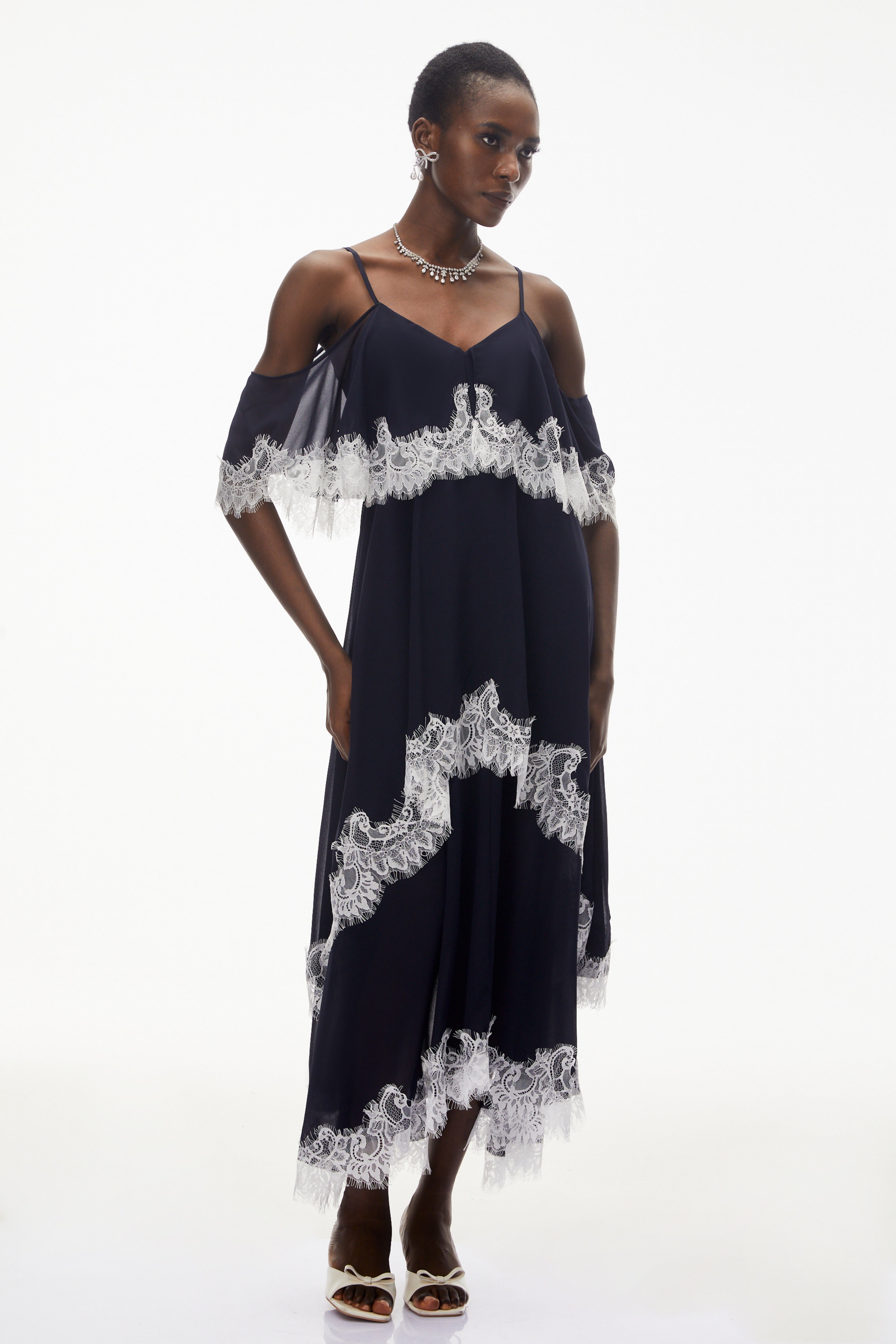 Larysa Navy Tiered Maxi Dress with Lace Trim