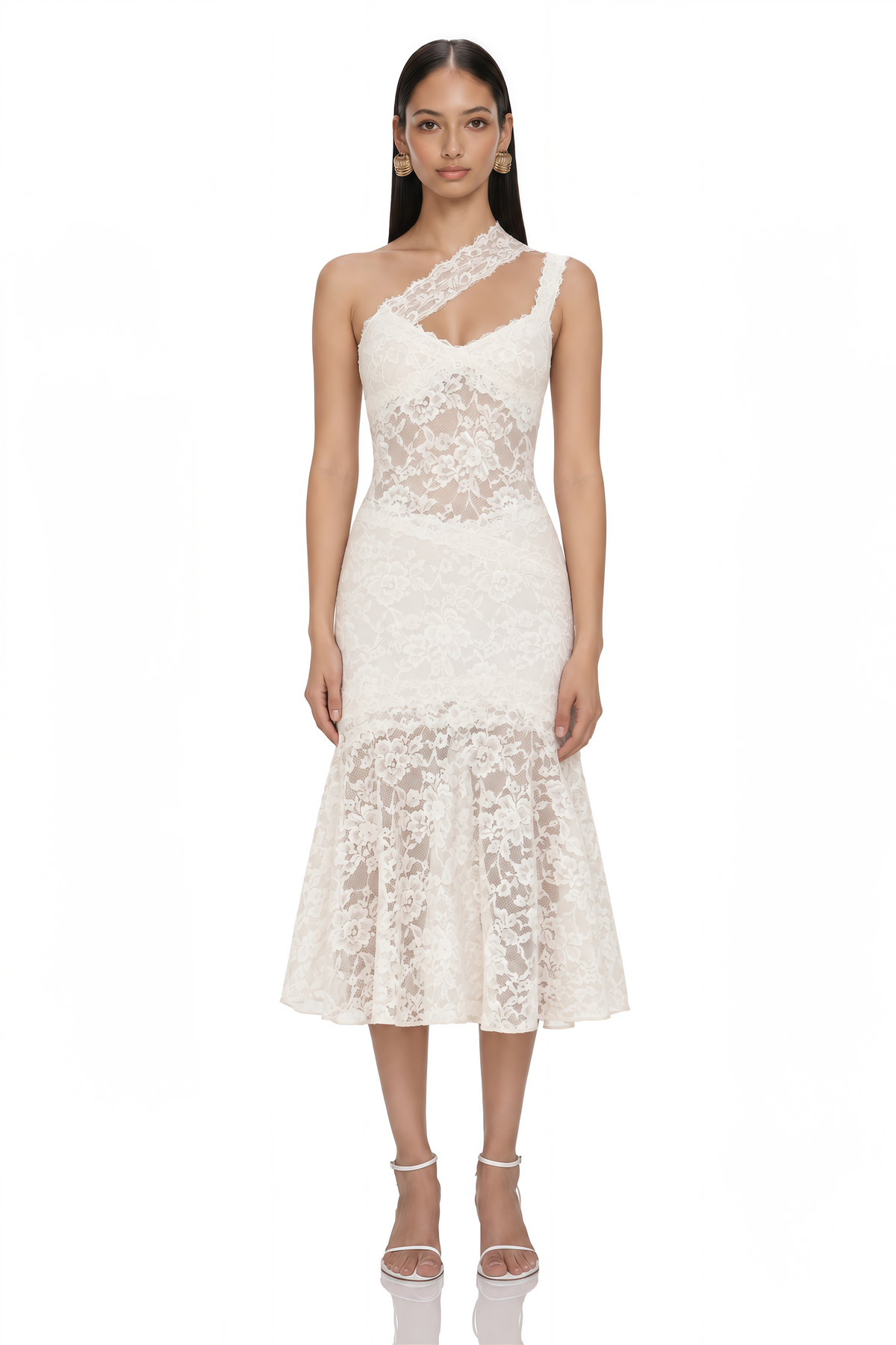 laurie white one-shoulder lace cut-out midi dress