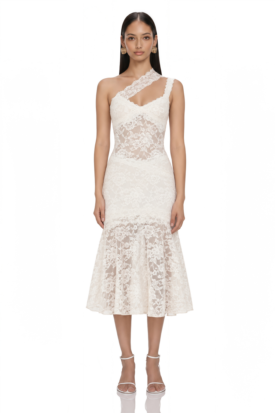 laurie white one-shoulder lace cut-out midi dress