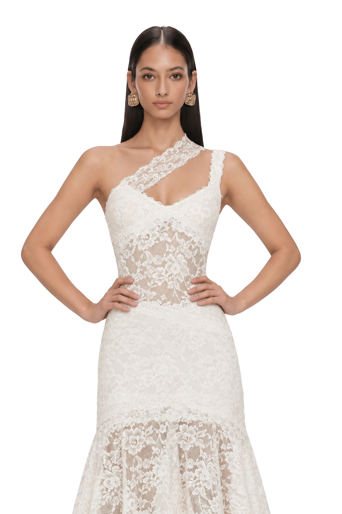laurie white one-shoulder lace cut-out midi dress