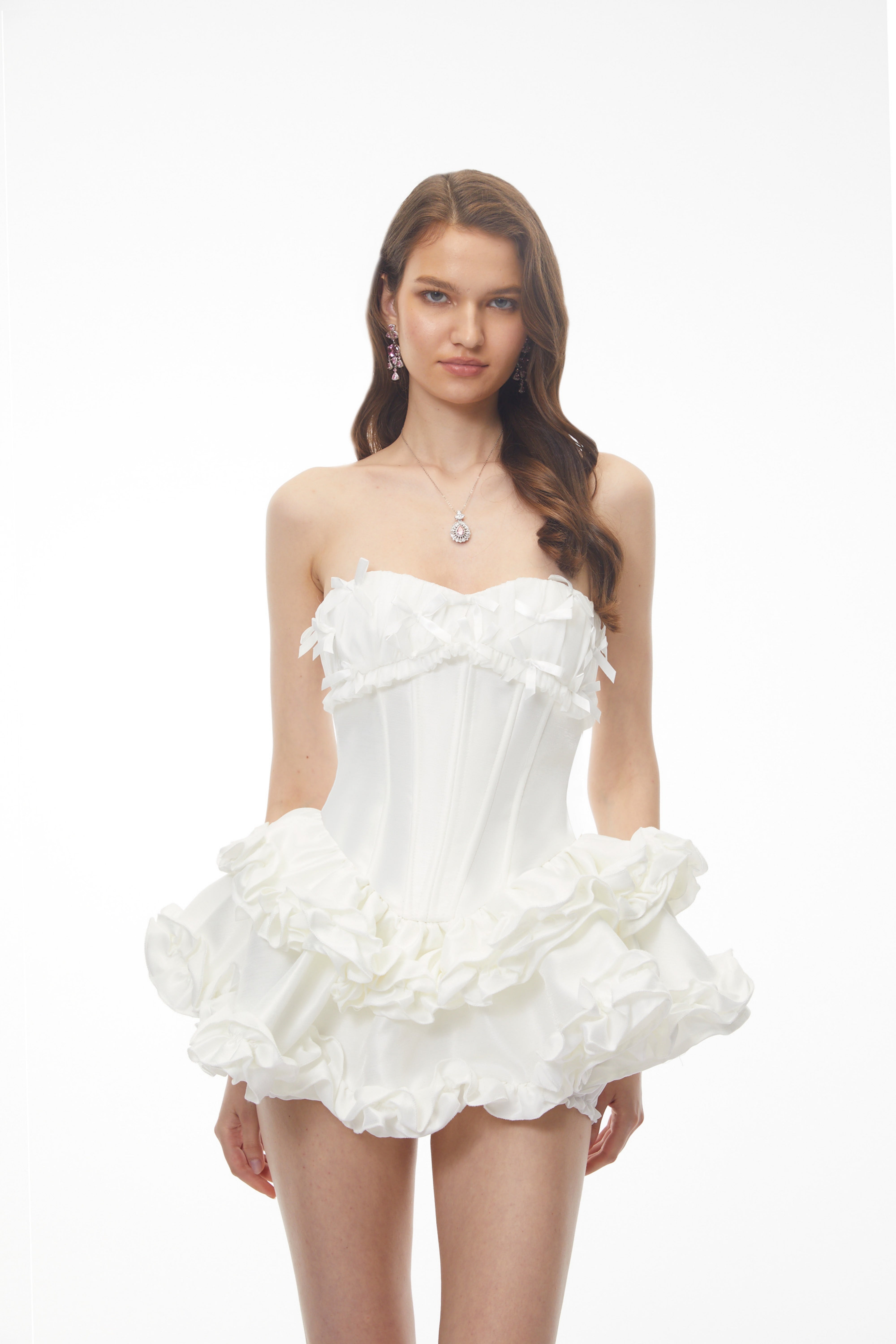 Laurine White Ruffled Satin Mini Dress