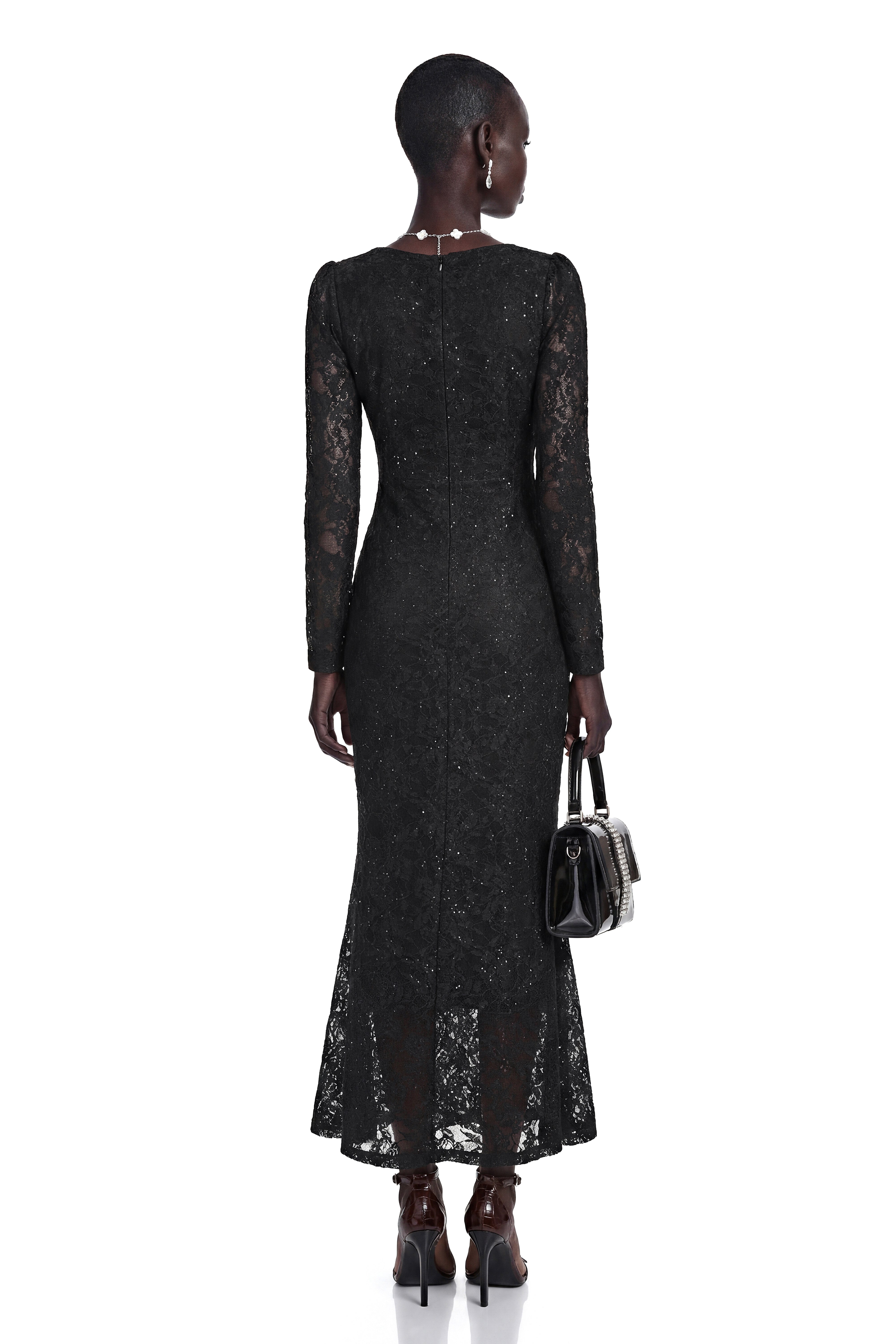 Lavender Black Floral Lace Fishtail Maxi Dress