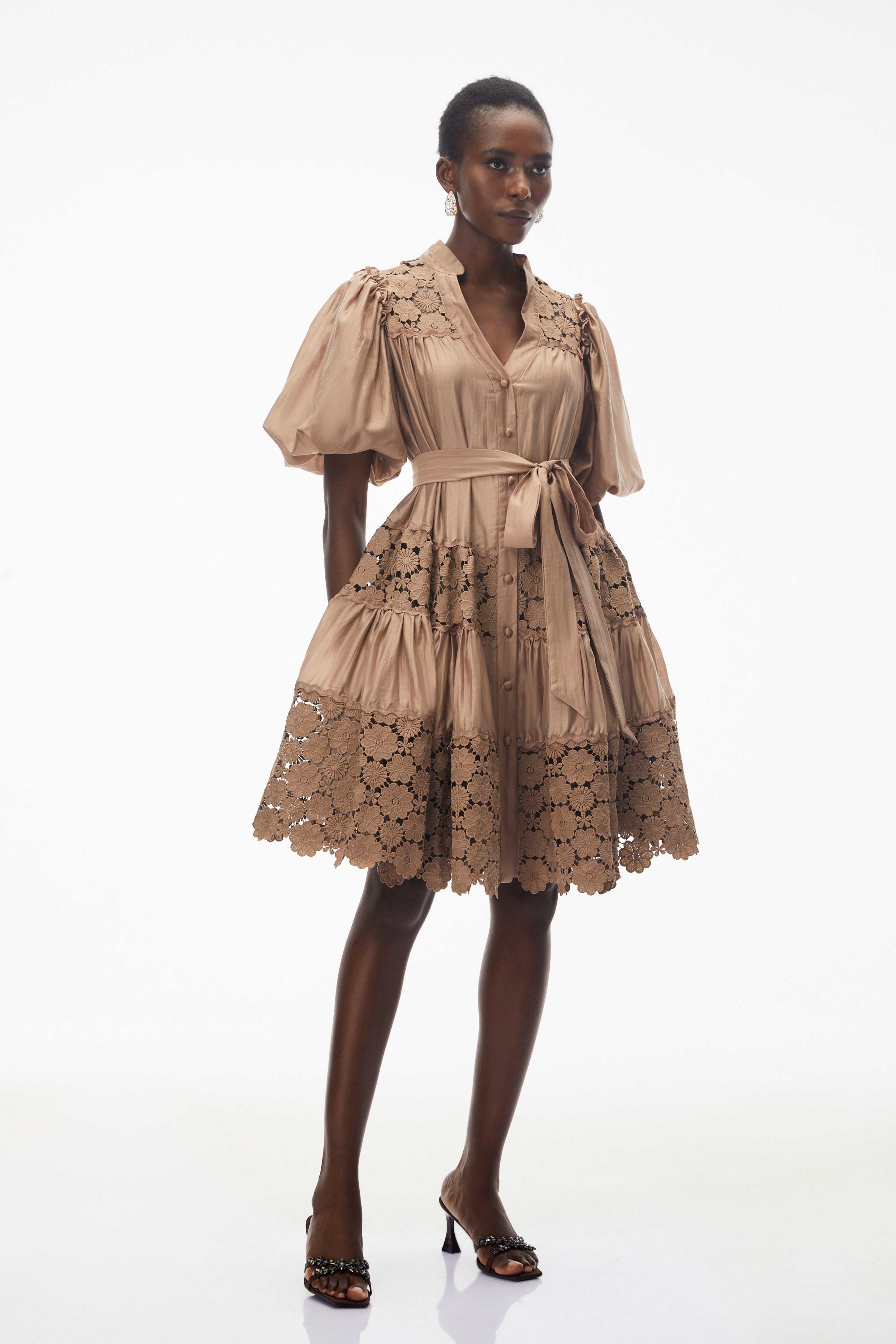 Lavinia Camel Satin Mini Dress with Floral Lace Panels