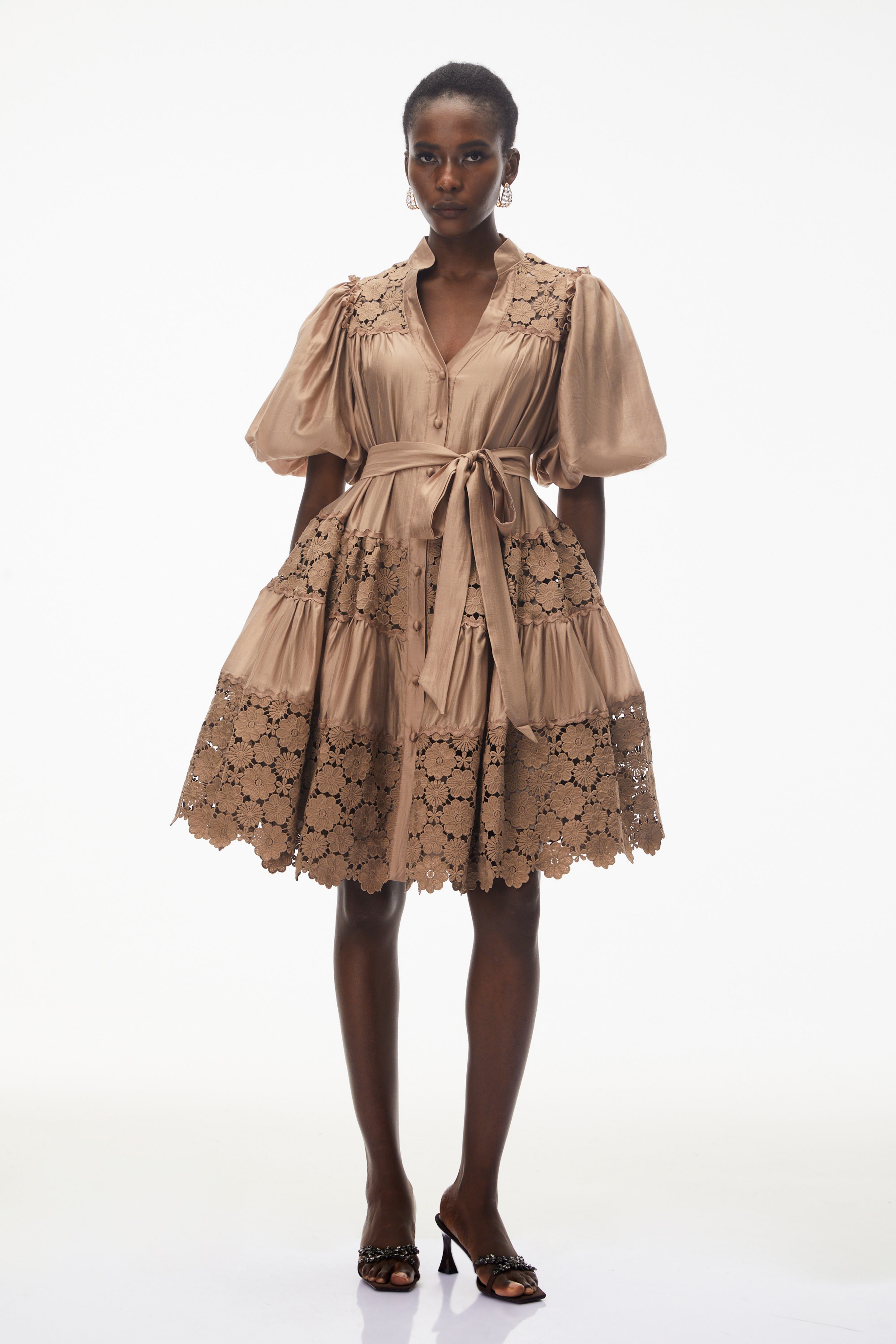 Lavinia Camel Satin Mini Dress with Floral Lace Panels