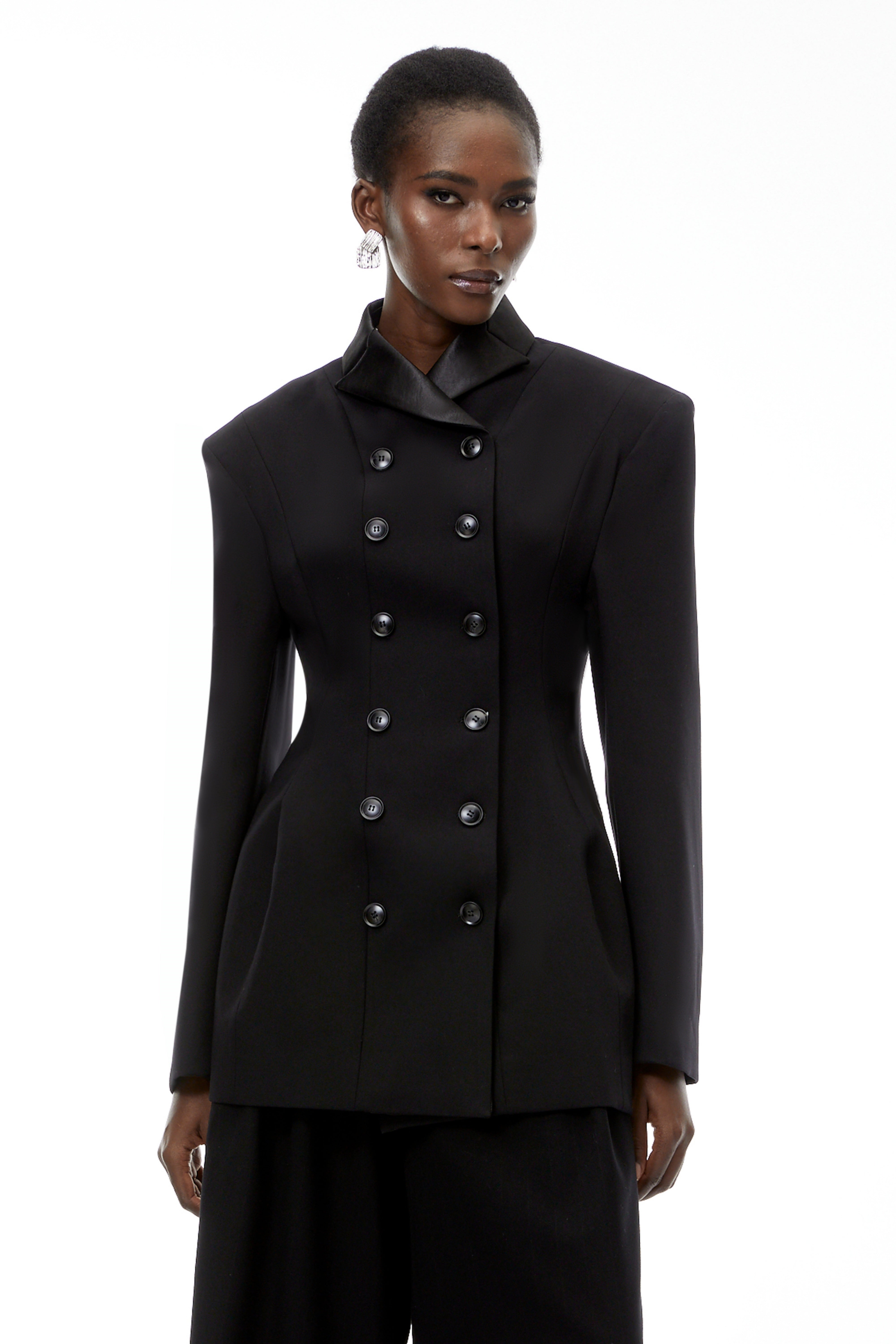 Leander Black Double-Breasted Long Blazer