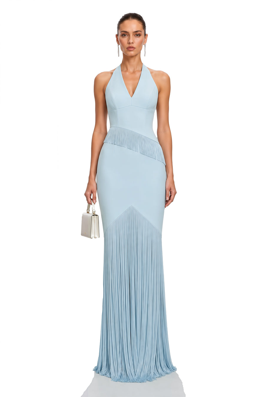 leilah blue v-neck top & maxi skirt set with fringe