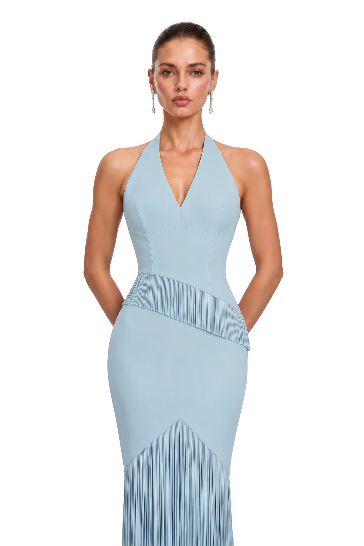 leilah blue v-neck top & maxi skirt set with fringe