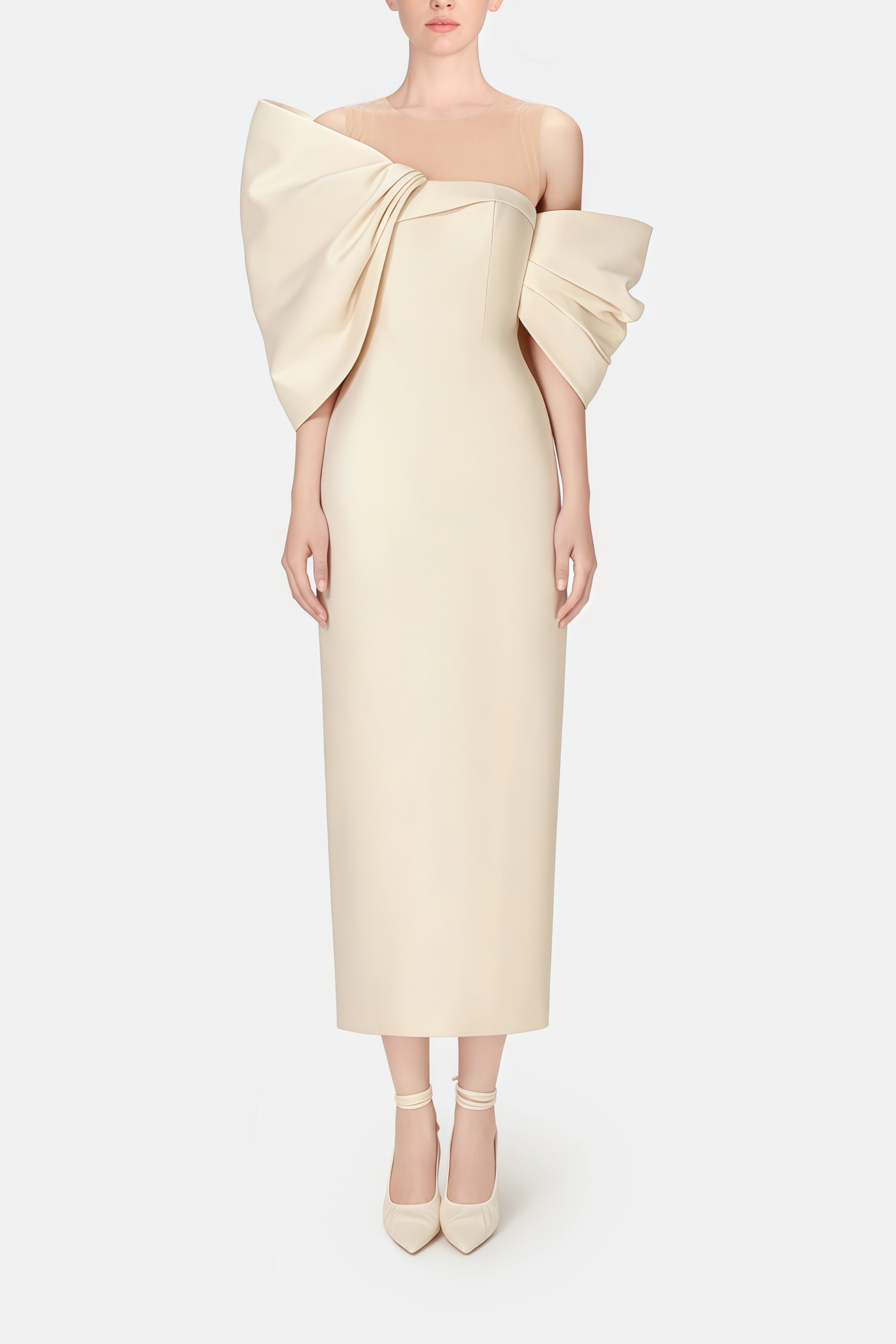 Leire Cream Midi Dress with Asymmetrical Bow Detail