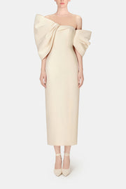 Leire Cream Midi Dress with Asymmetrical Bow Detail (Final Sale)