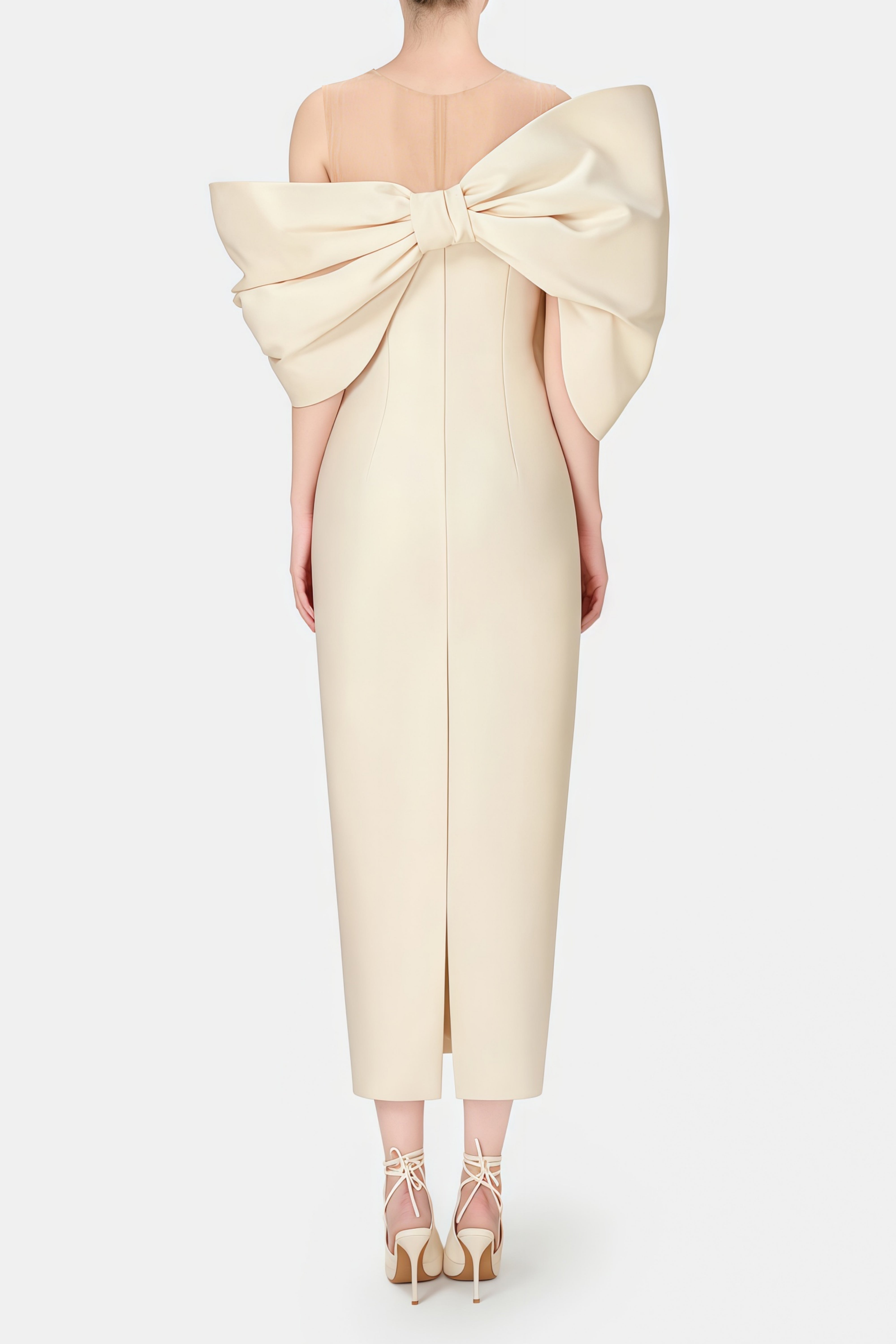 Leire Cream Midi Dress with Asymmetrical Bow Detail (Final Sale)
