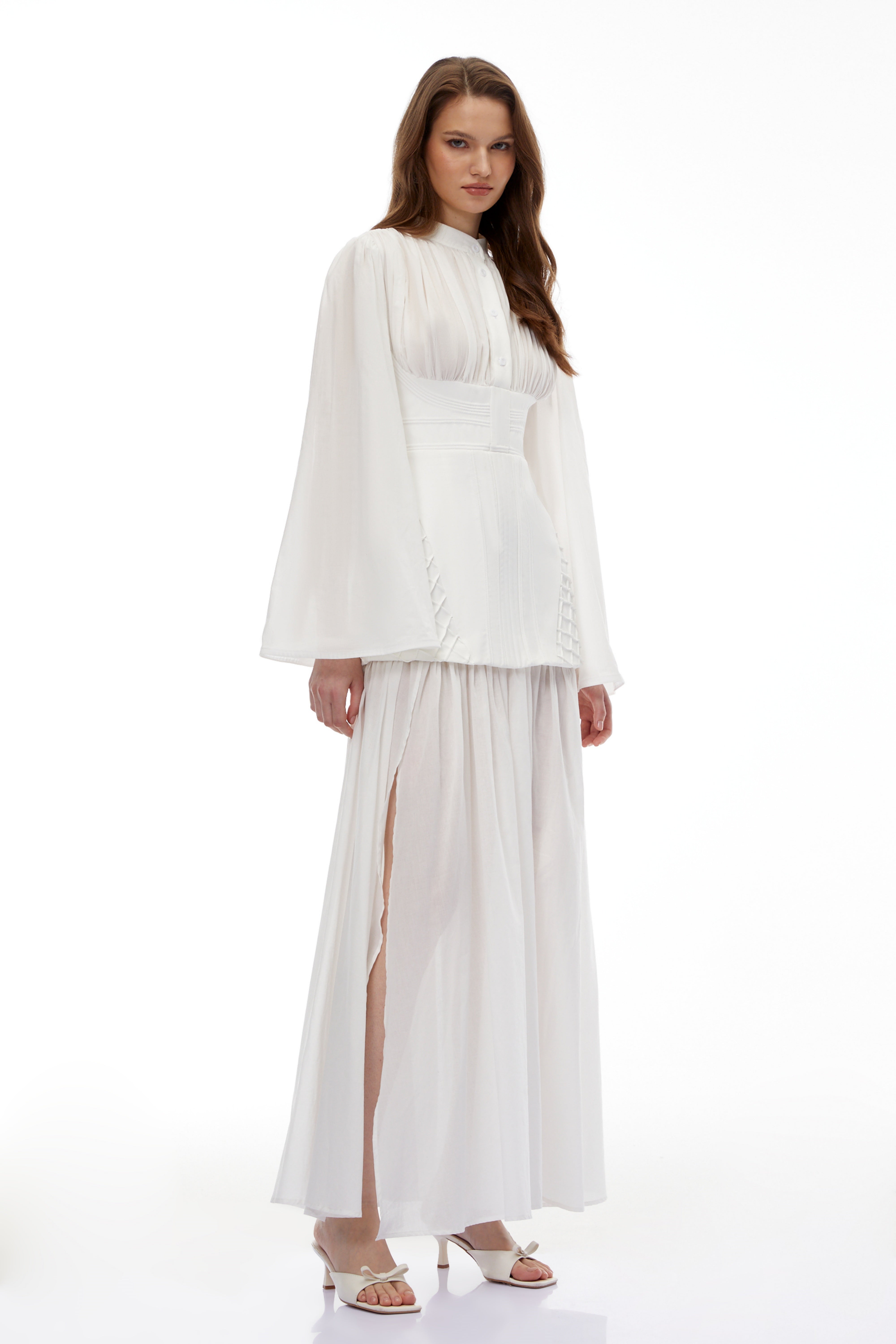 Lene White High Slit Ruched Maxi Dress