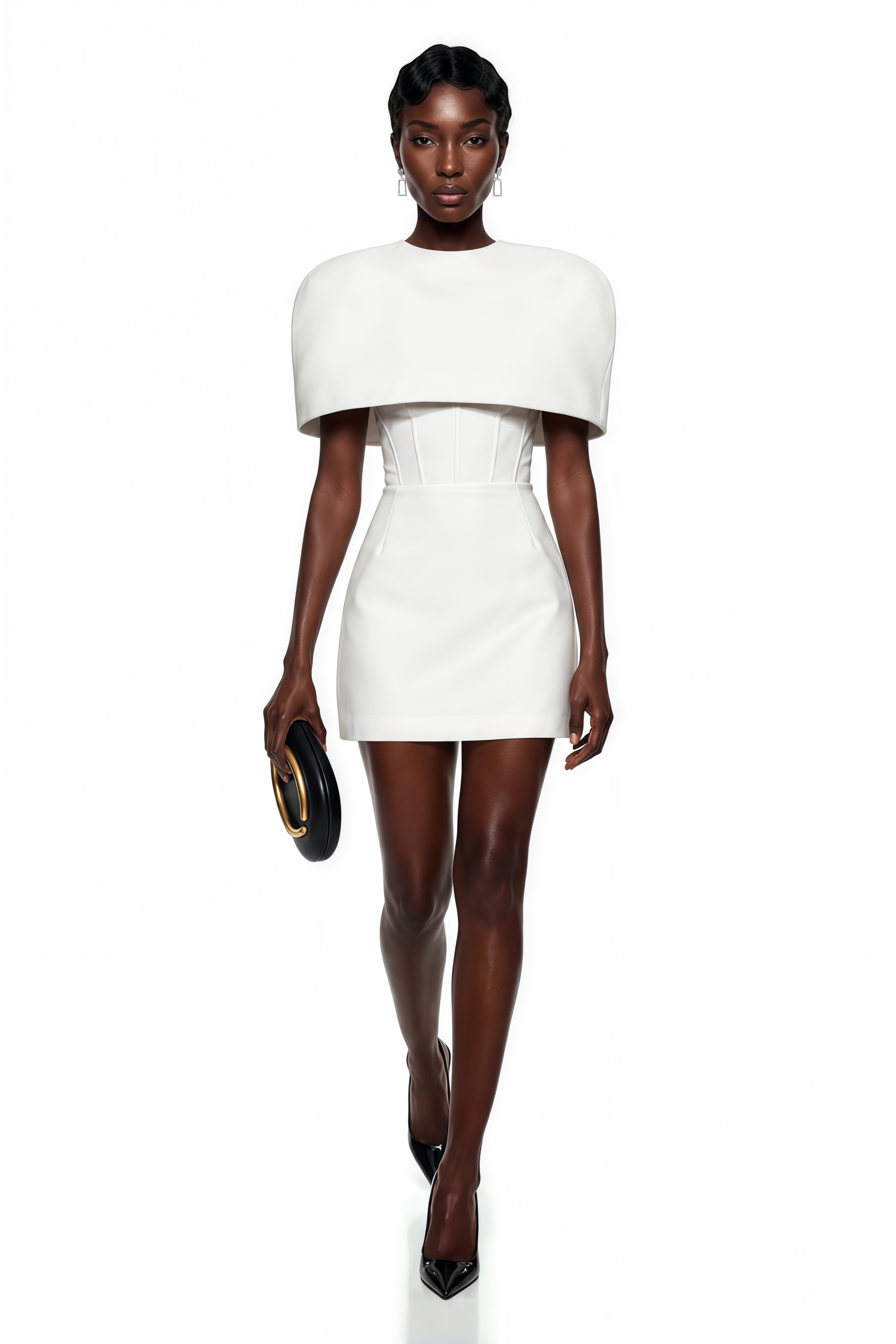 Leonora White Corset Mini Dress Set with Structured Cape