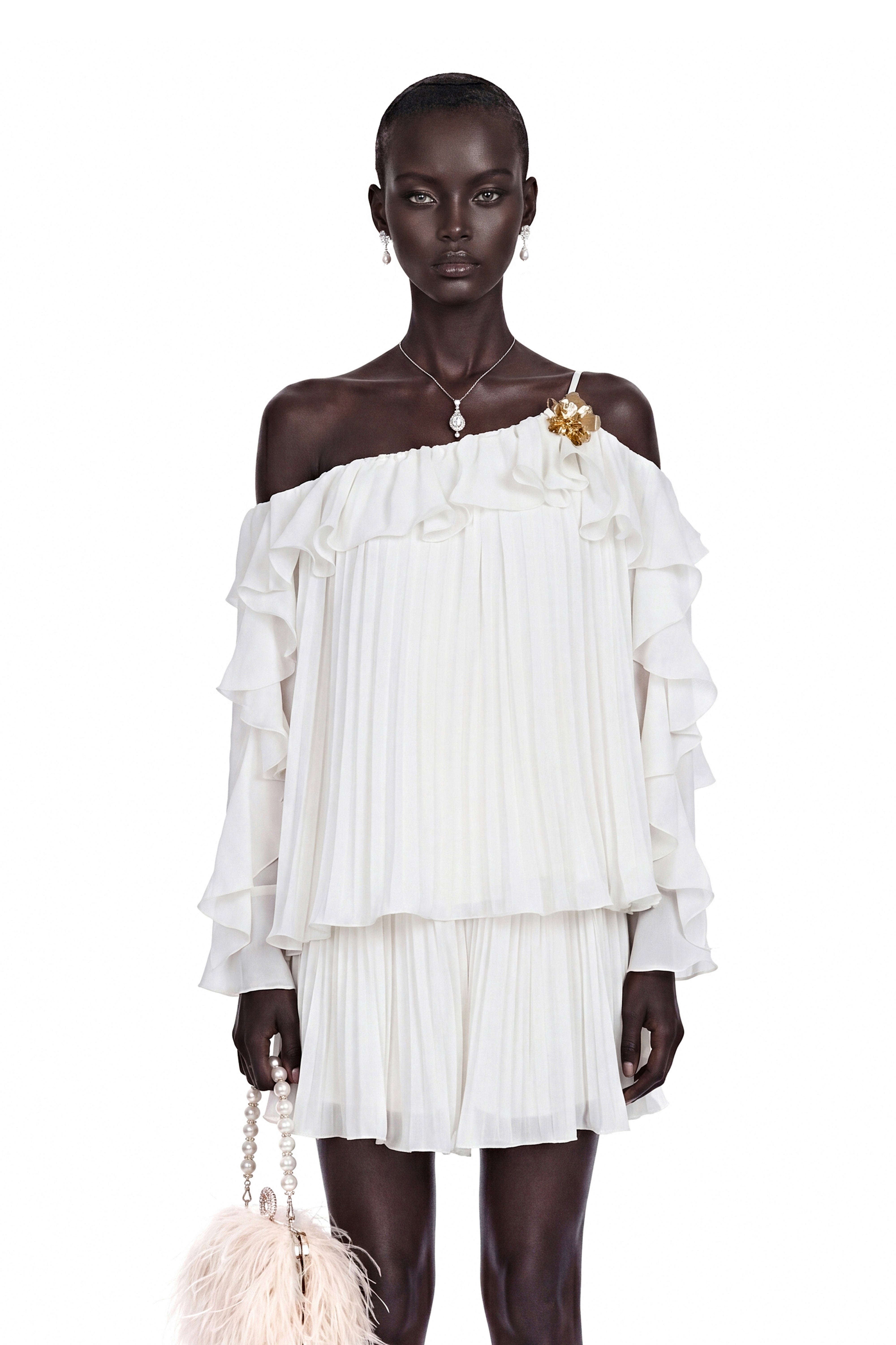 Lesley White Off-Shoulder Ruffled Pleated Top & Skirt Set