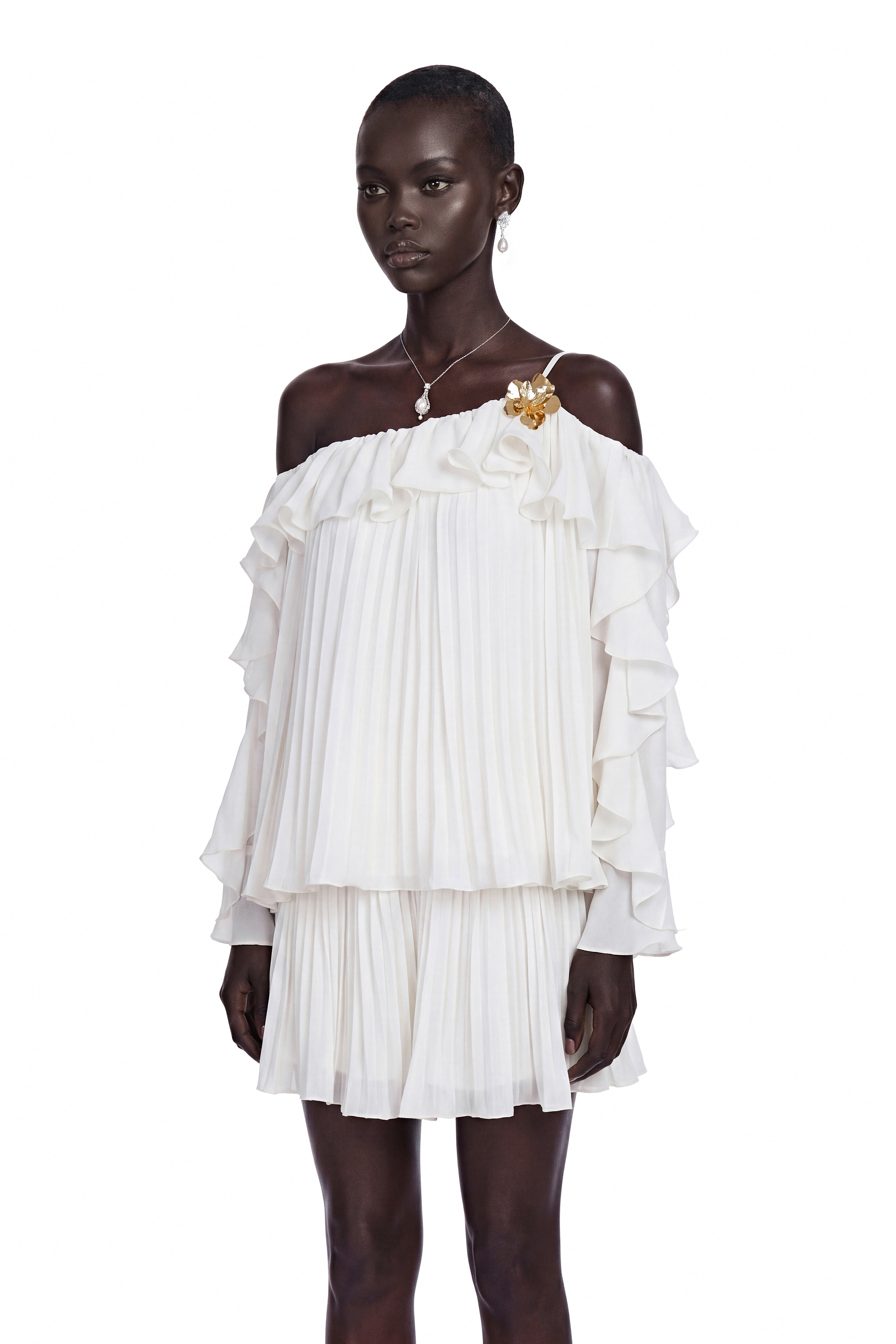 Lesley White Off-Shoulder Ruffled Pleated Top & Skirt Set
