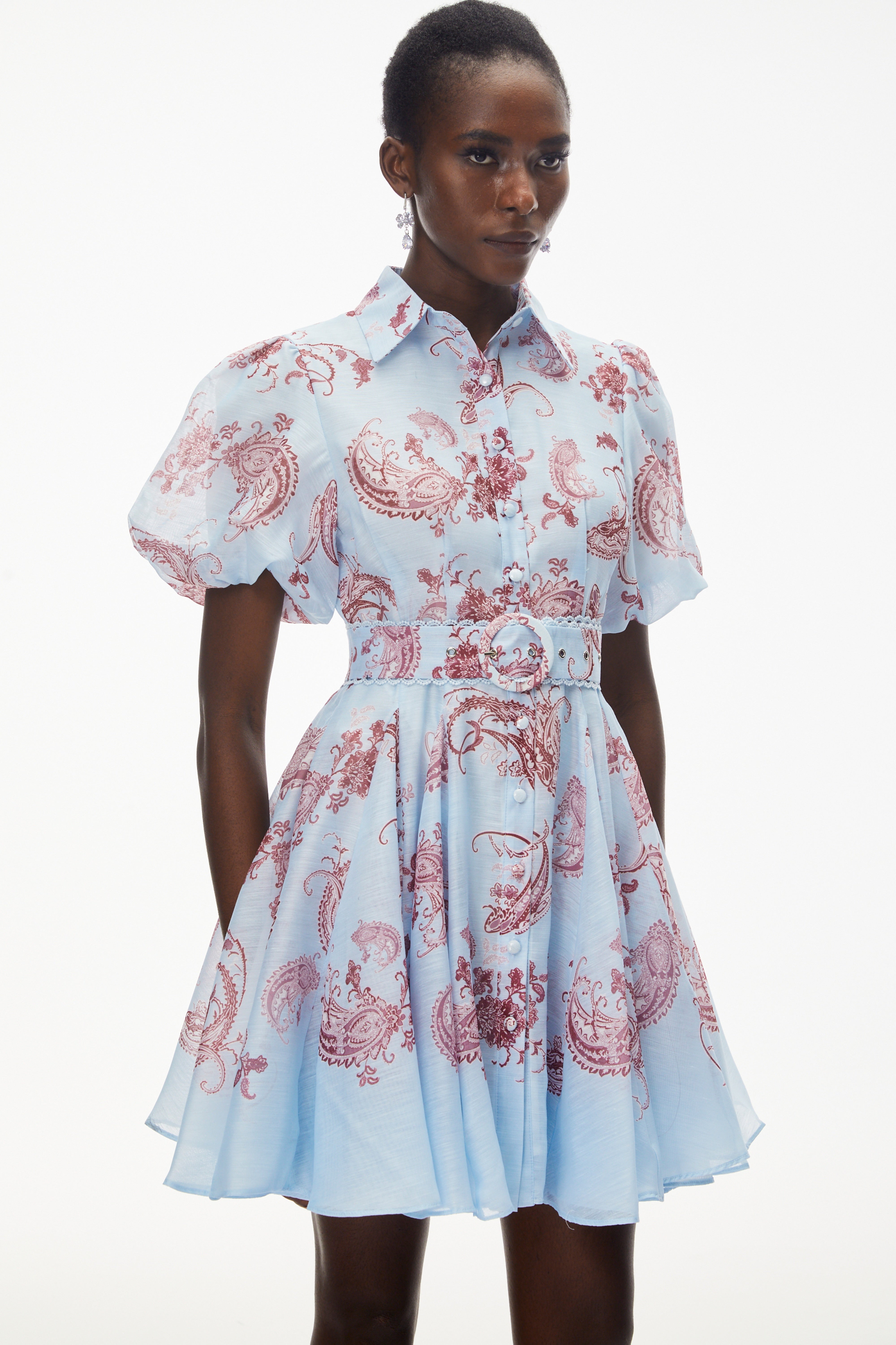 Liat Blue Print Mini Dress with Puff Sleeves