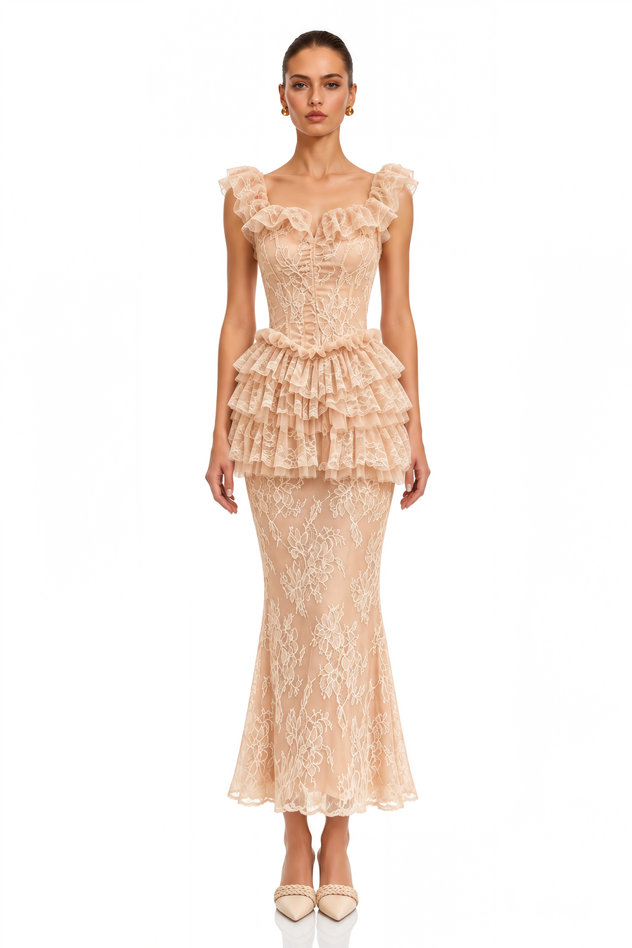 libbie neutral lace tiered peplum top & midi skirt set