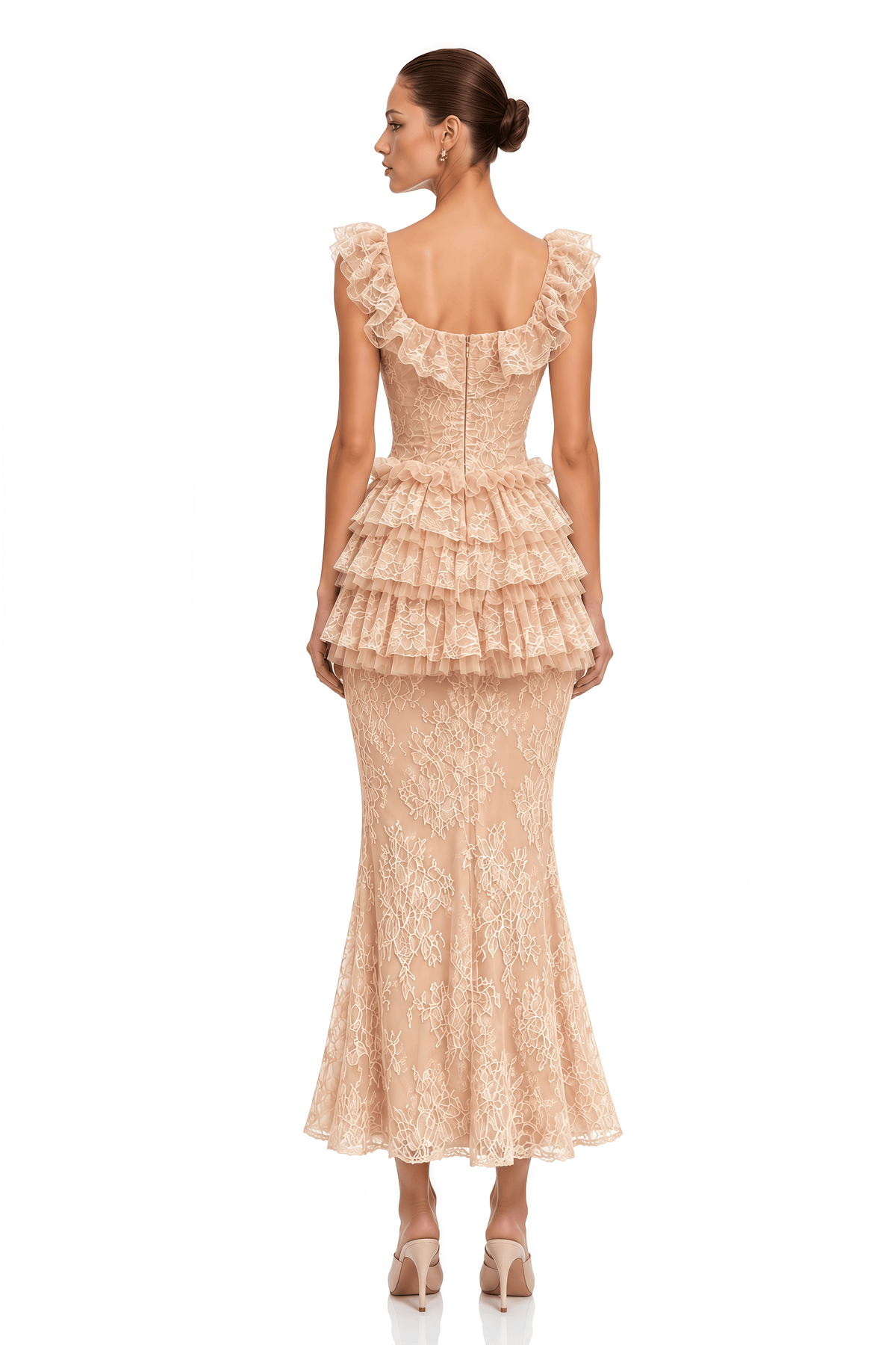 libbie neutral lace tiered peplum top & midi skirt set